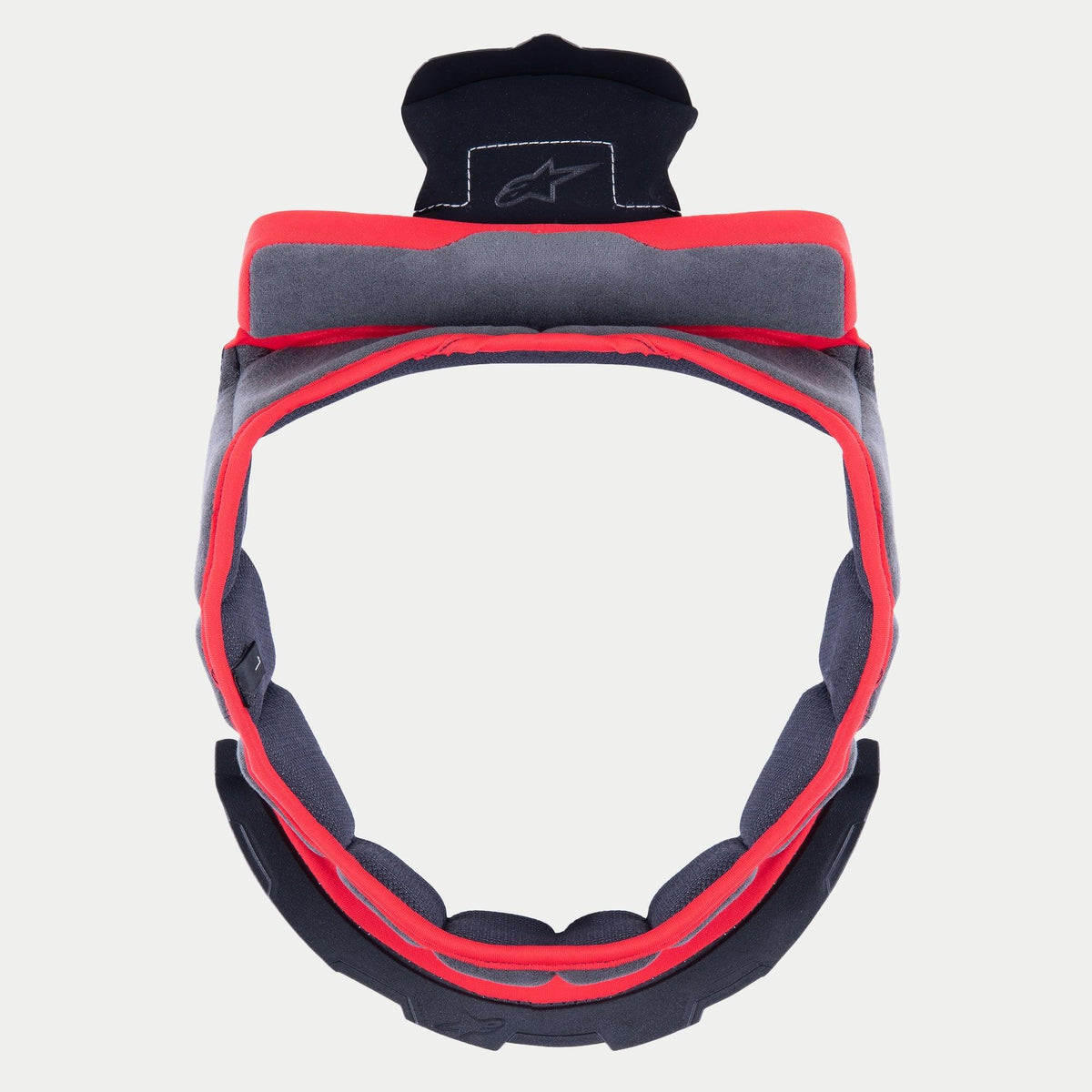 Alpinestars Supertech R10 Crown Pad, wymienna wyściółka górna kasku, szara miękka tkanina z czerwonym wykończeniem i czarnymi wypustkami mocującymi, okrągła konstrukcja do kasków S-R10, haftowane logo gwiazdy na górnej wypustce
