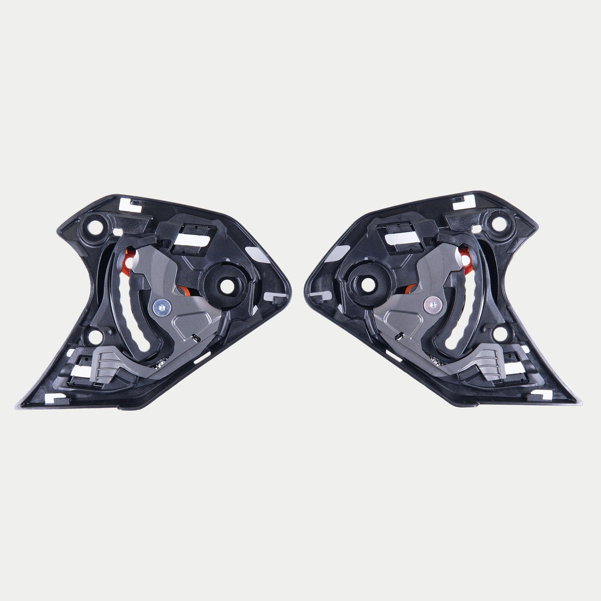 Alpinestars Supertech R10 Shield Mechanism, akcesoria do kasków, czarny, para wymiennych mechanizmów wizjera do kasków S-R10, skomplikowane czarne elementy z tworzywa sztucznego z widocznymi metalowymi i pomarańczowymi częściami mechanicznymi