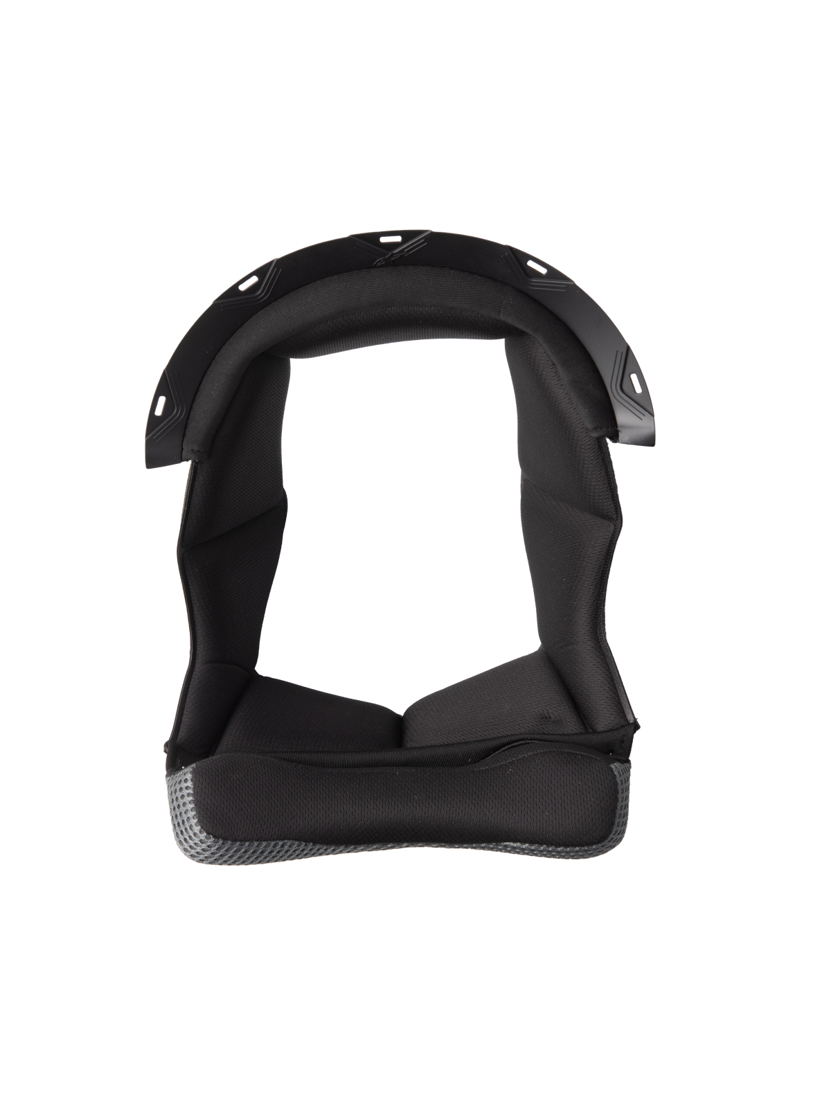 Alpinestars S-M7 Crown Pad, czarna wyściółka kasku o konstrukcji w kształcie litery U, wyściełane wnętrze z teksturowanej tkaniny, szara krawędź z materiału mesh, plastikowe punkty montażowe na zatrzaski, ochronna wyściółka kasku motocyklowego zapewniająca komfort