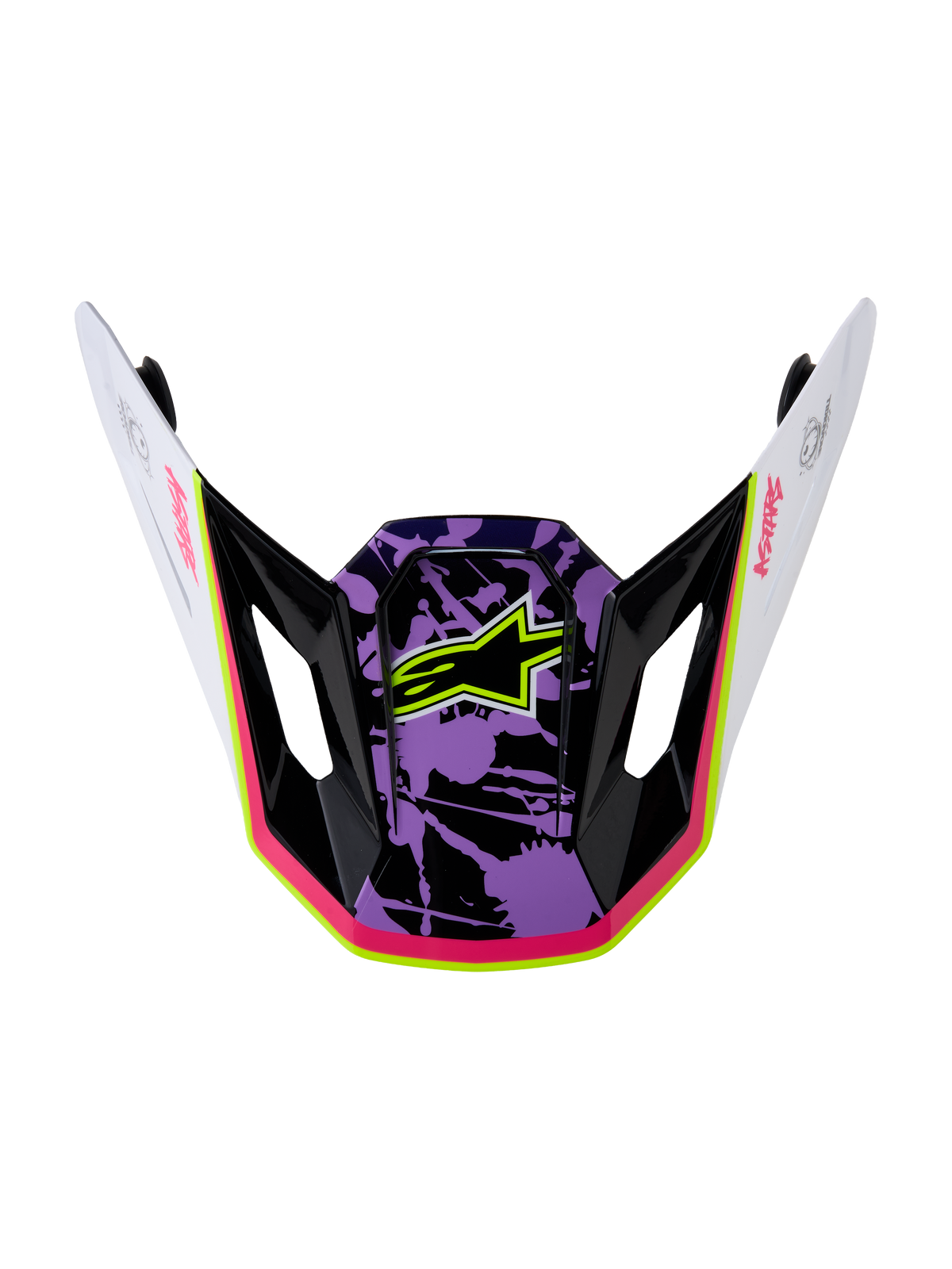 Wizjer Alpinestars S-M7 Blaster, zamienny daszek motocrossowy, fioletowy, różowy i biały, błyszczący, logo z gwiazdą