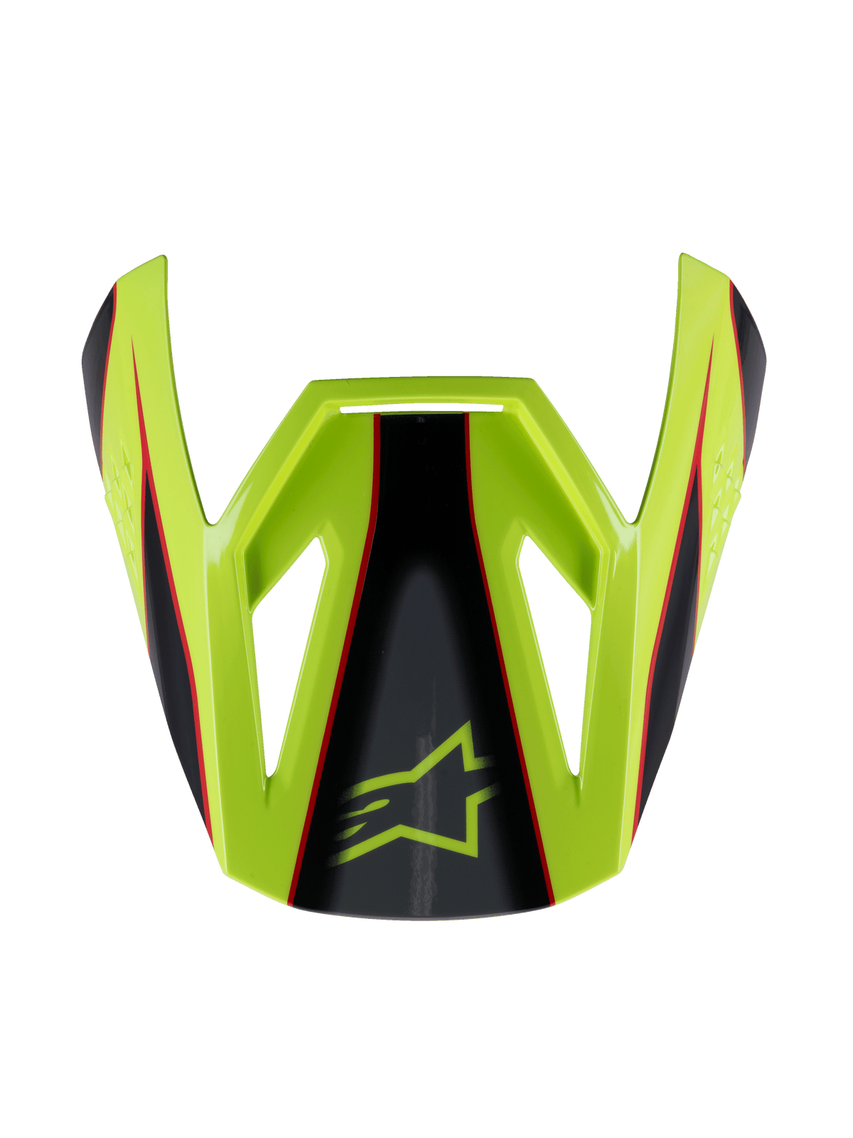 Alpinestars S-M3 Youth Fray Visor, daszek do kasku motocrossowego, żółty fluo, czarny i czerwony z błyszczącym wykończeniem, kanciasty design z logo Alpinestars, oficjalna część zamienna do młodzieżowych kasków wyścigowych