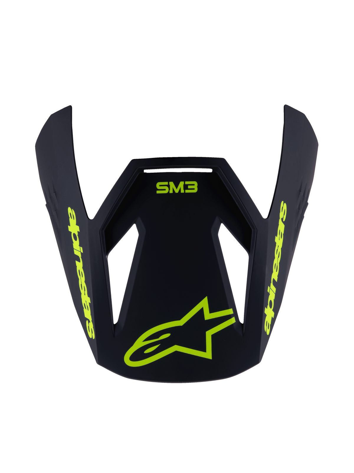 Alpinestars S-M3 Youth Radium Visor, wymienny daszek do kasku, czarny matowy z jaskrawożółtymi grafikami, logo SM3 i branding Alpinestars, aerodynamiczna kanciasta konstrukcja do kasków motocrossowych