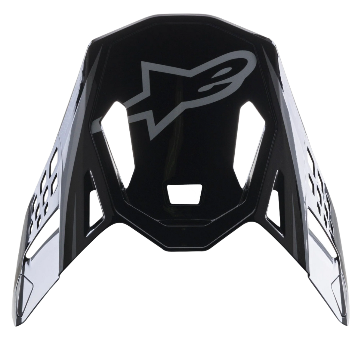 Alpinestars Supertech M10 Carbon Meta2 Visor, wymienny daszek w kolorze czarno-szarym z połyskiem, szare logo Alpinestars, aerodynamiczne wycięcia wentylacyjne, akcesorium do kasku motocrossowego