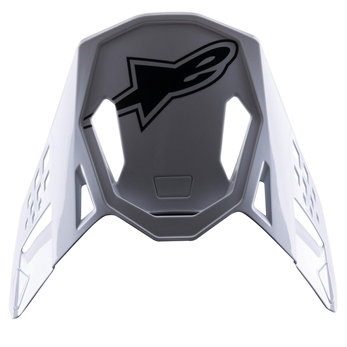 Alpinestars S-M8 Factory Visor, akcesorium do kasku motocrossowego, biały z czarnym logo Alpinestars, zamienny daszek z aerodynamicznymi wycięciami i konstrukcją typu snap-on do kasków Supertech M8