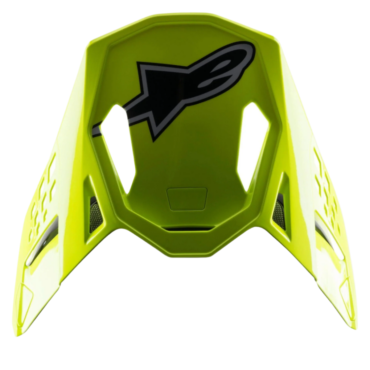 Alpinestars S-M8 Factory Visor, Motocross Helmet Replacement Visor, Bright Yellow Fluo, featuring a large black and grey Alpinestars logo on top, glossy finish with aerodynamic cutouts, snap-on accessory for Supertech M8 helmets