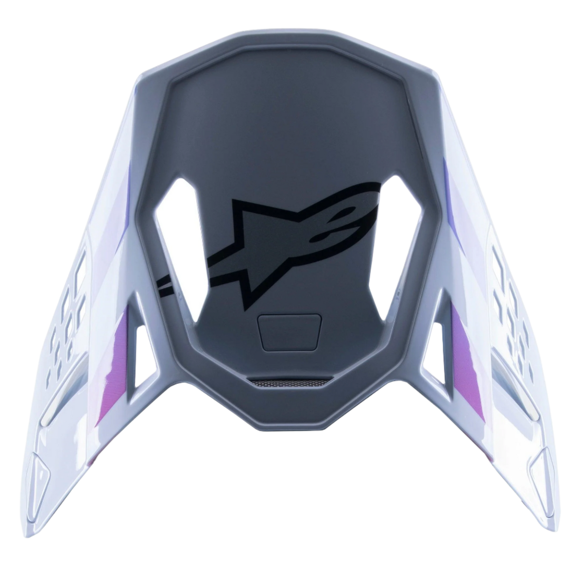 Alpinestars Supertech M10 Daytona 23 LE Visor, zamienny daszek do kasku motocrossowego, szary z akcentami w kolorze pomarańczowym fluo i rodaminowym, aerodynamiczny design, montaż zatrzaskowy, czarne logo Alpinestars od spodu