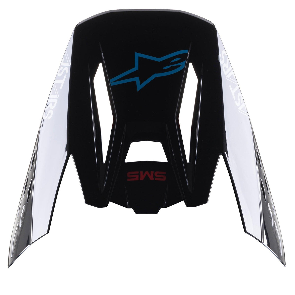 Alpinestars S-M5 Bond Visor, zamienny daszek do kasku motocrossowego, czarno-cyjanowy błyszczący, z niebieskim logo gwiazdy Alpinestars i białymi panelami bocznymi z napisem „ASTARS”, przeznaczony do wyścigów terenowych