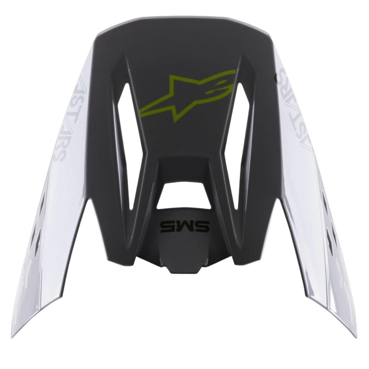 Wizjer Alpinestars S-M5 Bond, akcesorium do kasku, srebrno-żółty fluorescencyjny, błyszczący, ciemnoszara sekcja centralna z żółtym logo fluo, srebrne panele boczne z napisem Astars, wymienny daszek do kasków motocrossowych S-M5