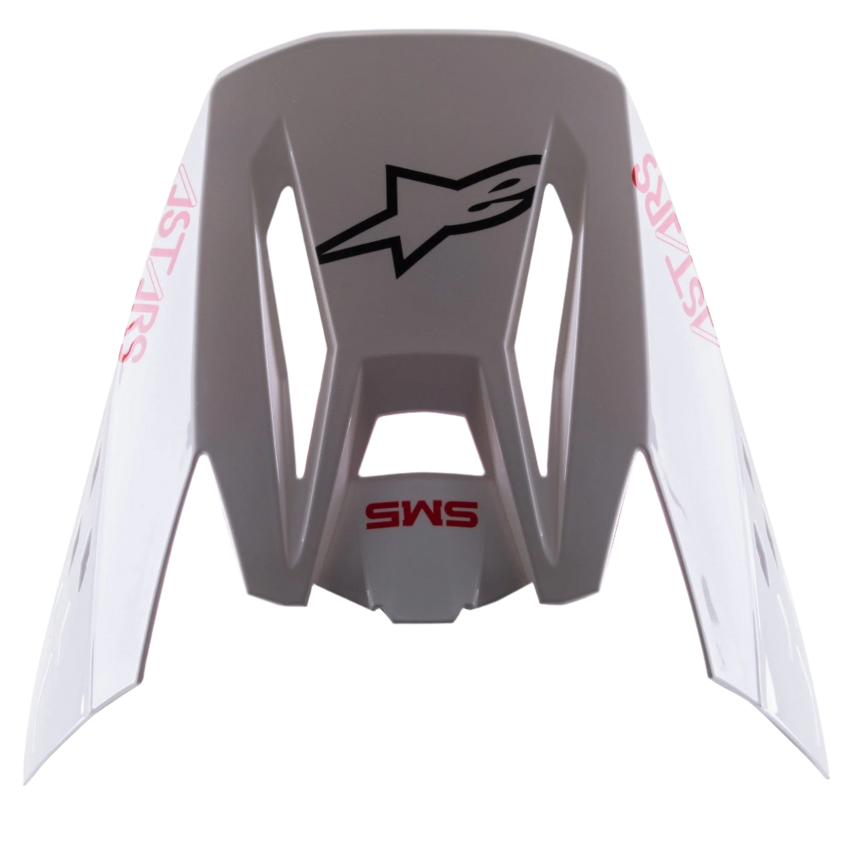 Alpinestars S-M5 Bond White Red Glossy Visor, wymienny daszek do kasku motocrossowego, błyszczące białe wykończenie z czerwonymi oznaczeniami „SM5” i „ASTARS”, centralne czarne logo gwiazdy, akcesorium typu snap-on do jazdy off-road