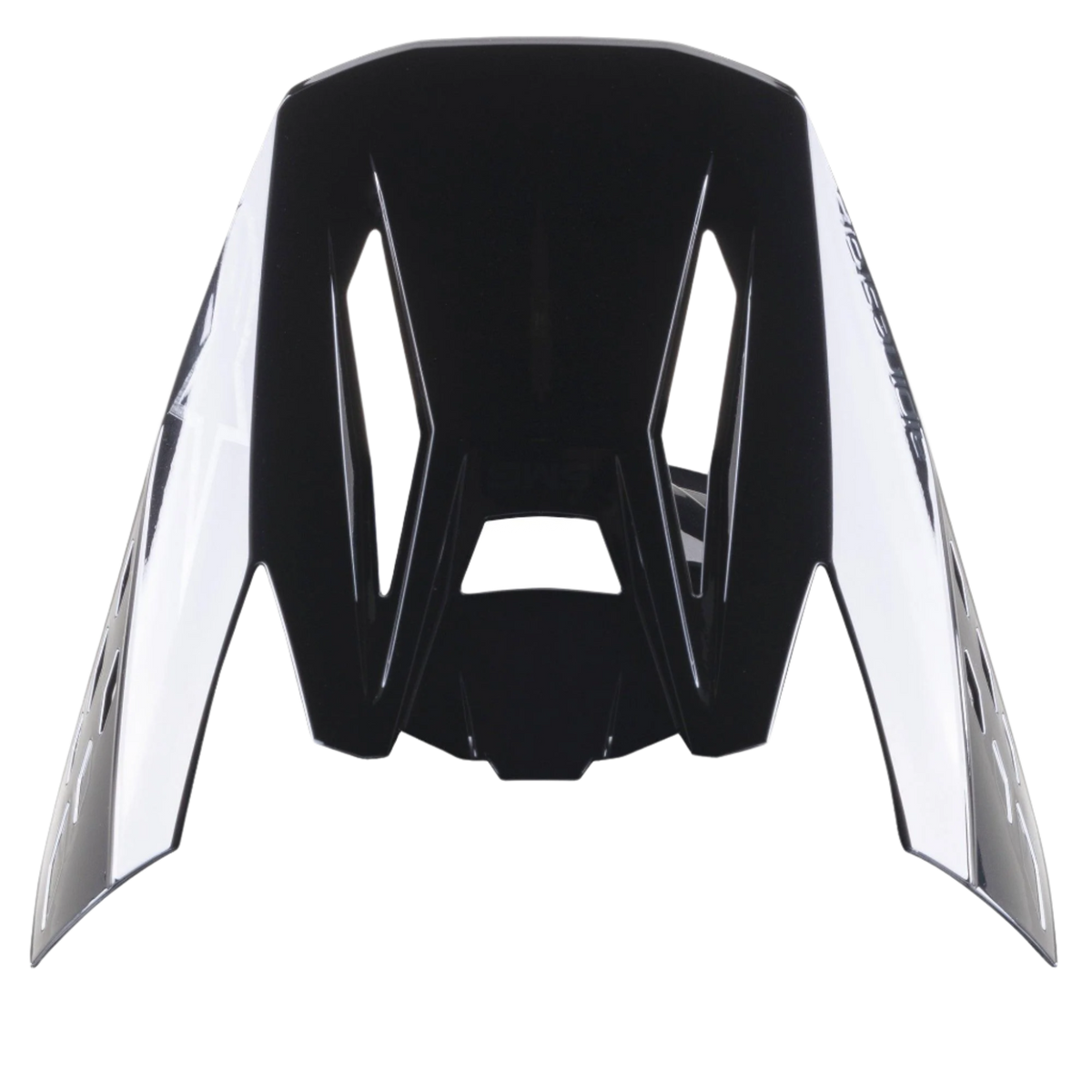 Alpinestars S-M5 Scout Visor, czarno-srebrny błyszczący daszek zamienny do kasków motocrossowych, aerodynamiczna konstrukcja z brandingiem po bokach i otworami wentylacyjnymi, wykończenie na wysoki połysk
