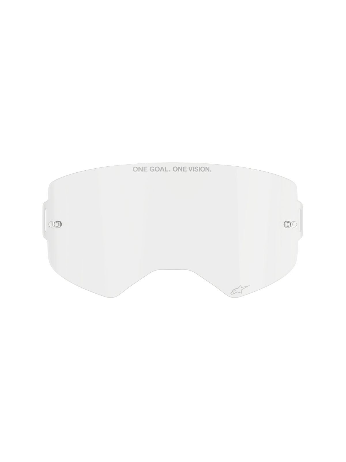 Alpinestars Supertech Clear Lens, wymienna soczewka do gogli motocrossowych, przezroczysty poliwęglan odporny na uderzenia, napis „ONE GOAL. ONE VISION.” na górze, małe logo, boczne punkty montażowe na zrywki