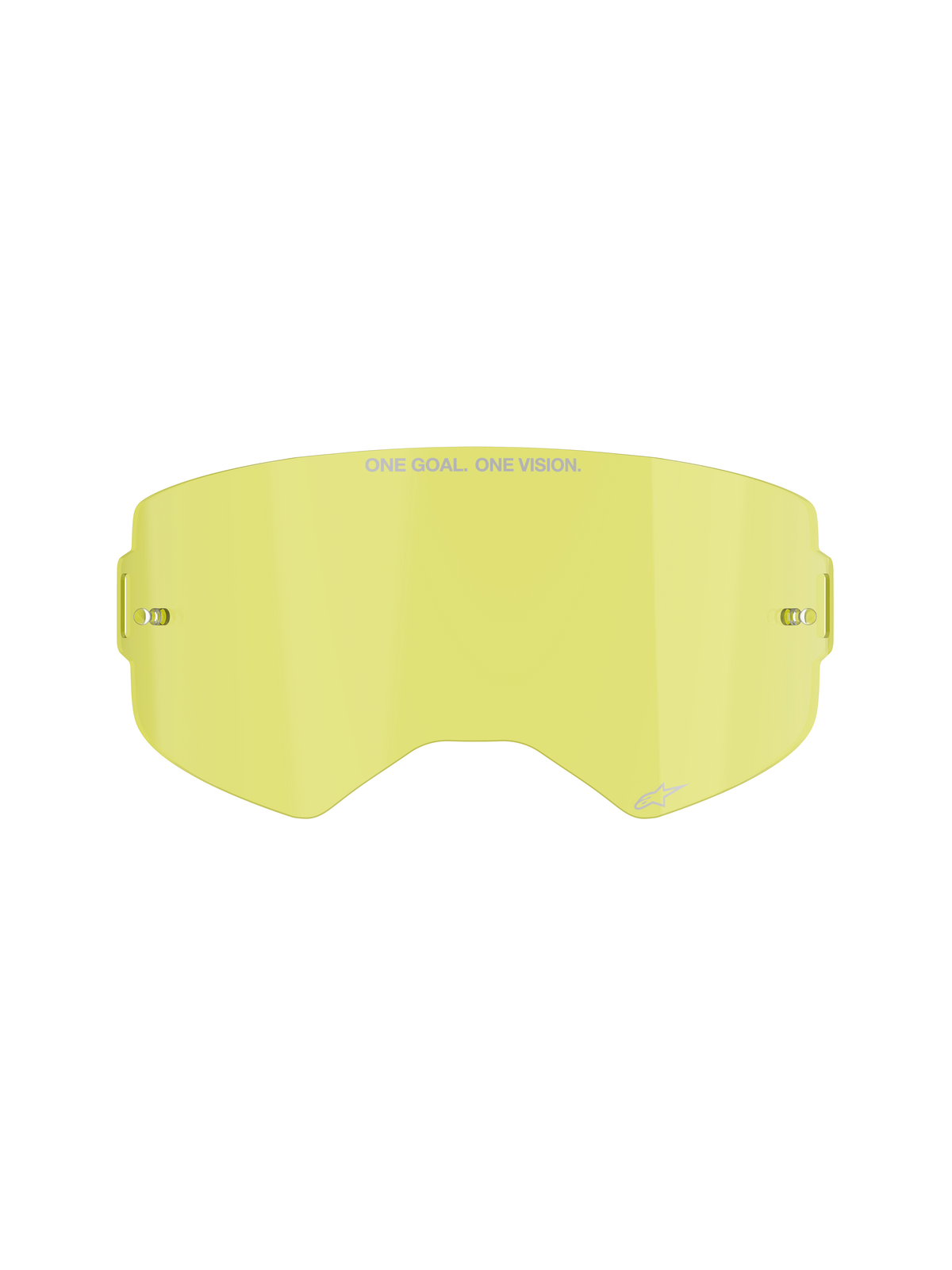 Alpinestars Supertech Clear Lens, Motocross Goggle Replacement Lens, Yellow tint, featuring "ONE GOAL. ONE VISION." branding, integrated tear-off posts, transparent impact-resistant polycarbonate construction.