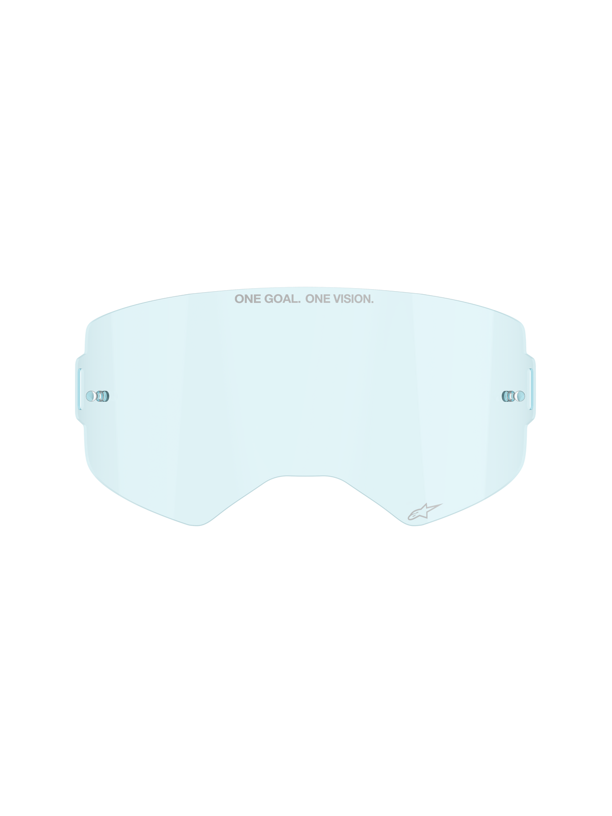 Alpinestars Supertech Clear Lens w kolorze Clear Blue, wymienna soczewka do gogli motocrossowych, napis ONE GOAL ONE VISION, zintegrowane słupki do zrywek, zakrzywiona konstrukcja z odpornego na uderzenia poliwęglanu