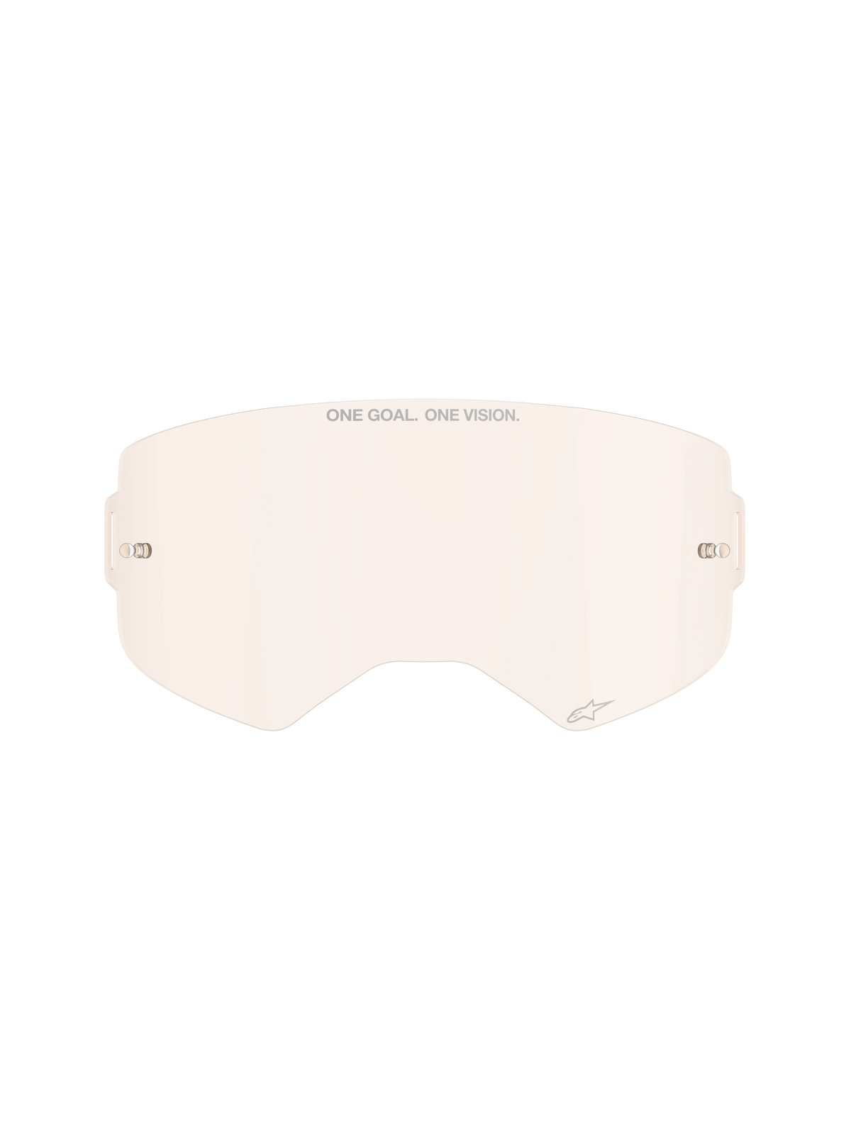 Soczewka do gogli Alpinestars Supertech, odcień Light Copper Rose, wtryskowo formowana poliwęglanowa soczewka zamienna, napis „ONE GOAL. ONE VISION.” i logo gwiazdy, zintegrowane zaczepy na zrywki, akcesorium do gogli off-road i motocrossowych