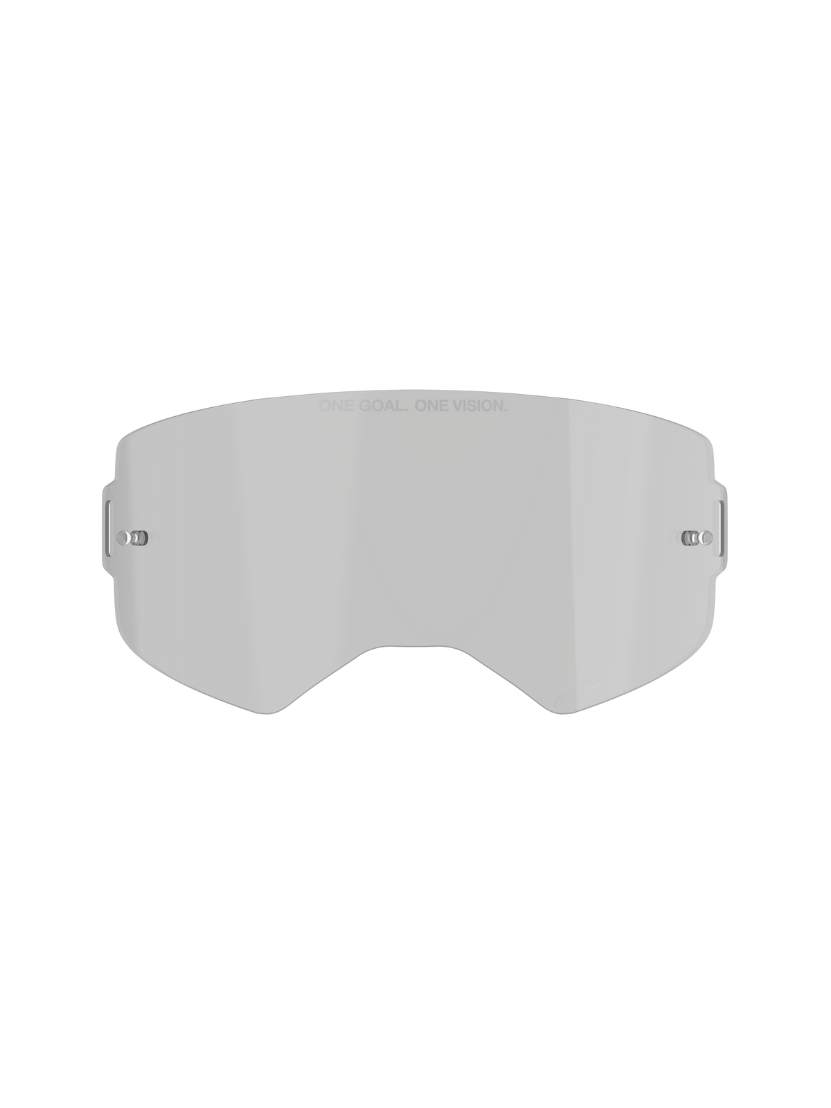 Alpinestars Supertech Smoke Lens, Goggle Replacement Lens, Medium Smoke Gray Tint, featuring 'ONE GOAL. ONE VISION.' text, curved polycarbonate design with built-in tear-off posts, off-road and motocross accessory