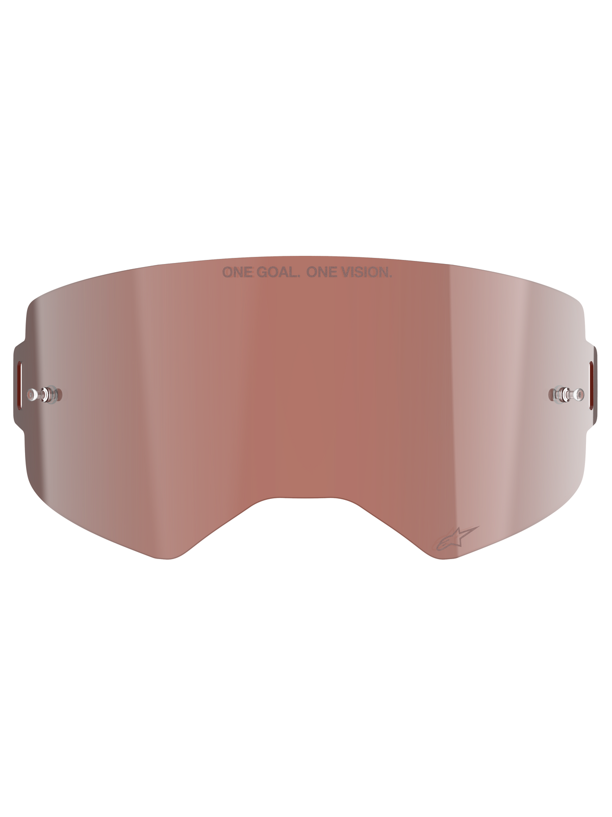 Alpinestars Supertech Mirror Lens, Motocross Goggle Replacement, Mirror Silver with reddish-brown Absolute Vision™ tint, reflective surface with integrated tear-off posts, 'ONE GOAL. ONE VISION.' engraving and Alpinestars logo