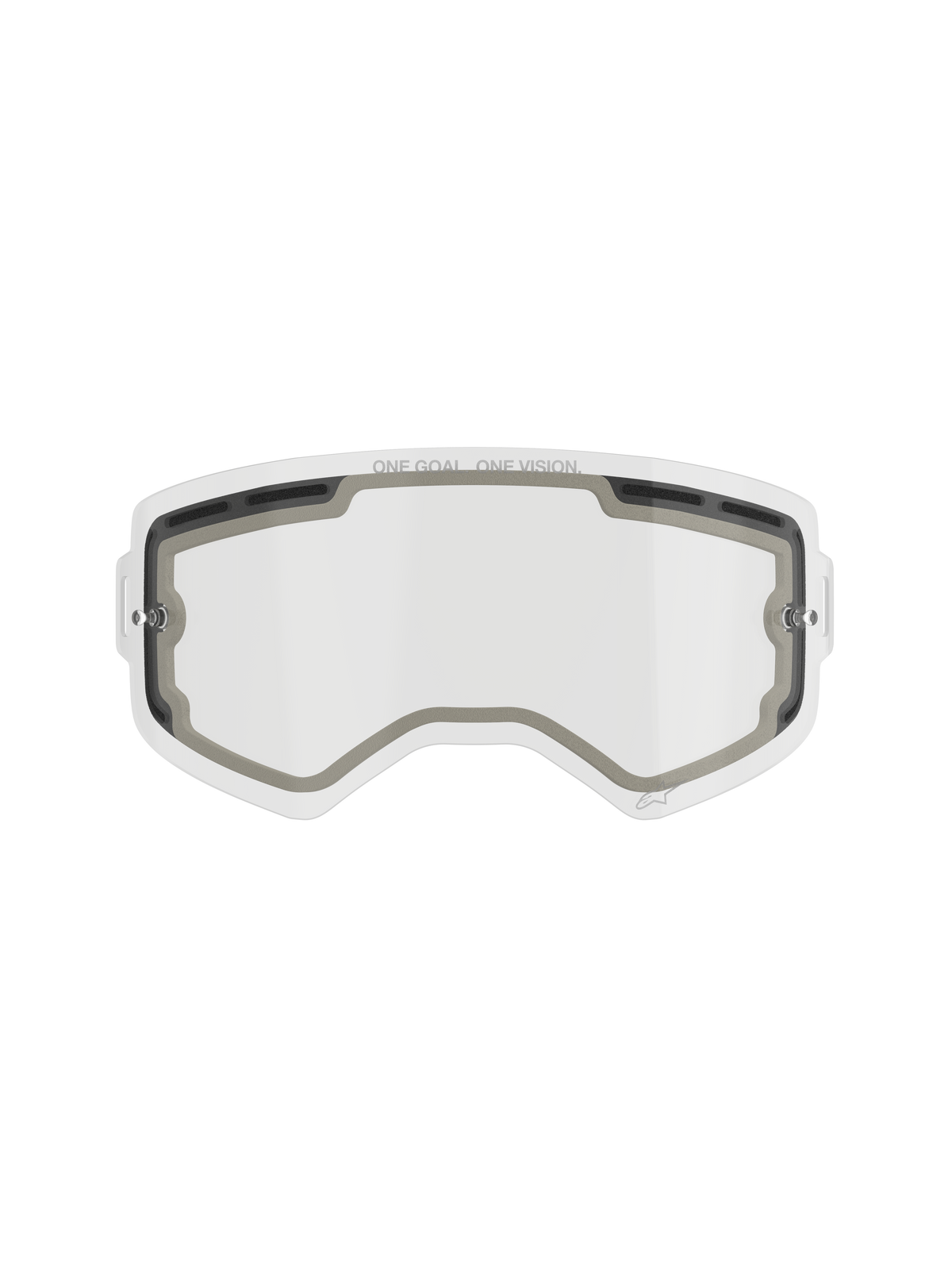Alpinestars Supertech Double Pane Lens, soczewka zamienna do gogli motocrossowych, przezroczysta, wentylowana konstrukcja z szarymi uszczelkami z pianki, napis „ONE GOAL. ONE VISION.” na górnej krawędzi, zakrzywiony poliwęglan przeciwmgielny do użytku off-road