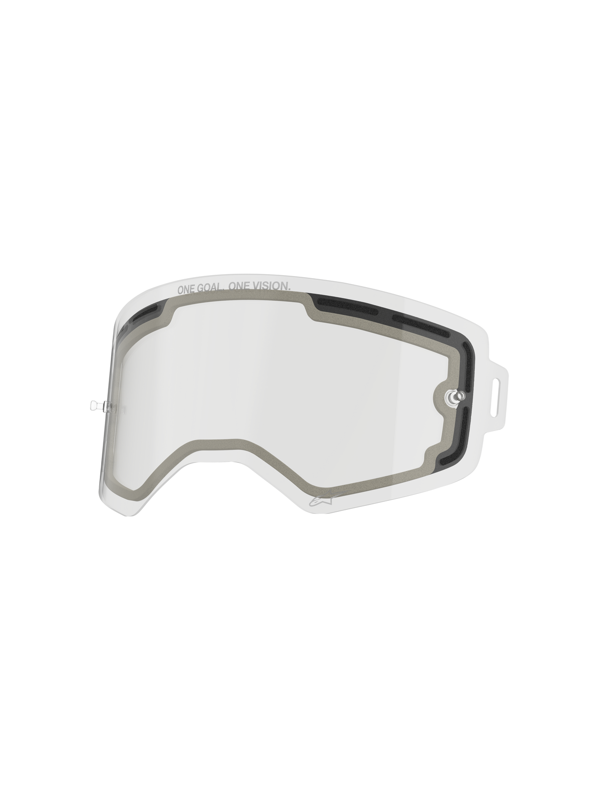 Alpinestars Supertech Double Pane Lens, przezroczysta szybka zamienna do gogli, wentylowana konstrukcja z podwójną szybą i szarą uszczelką z pianki, napis „ONE GOAL. ONE VISION.”, odporny na uderzenia poliwęglan, wydajność motocrossowa