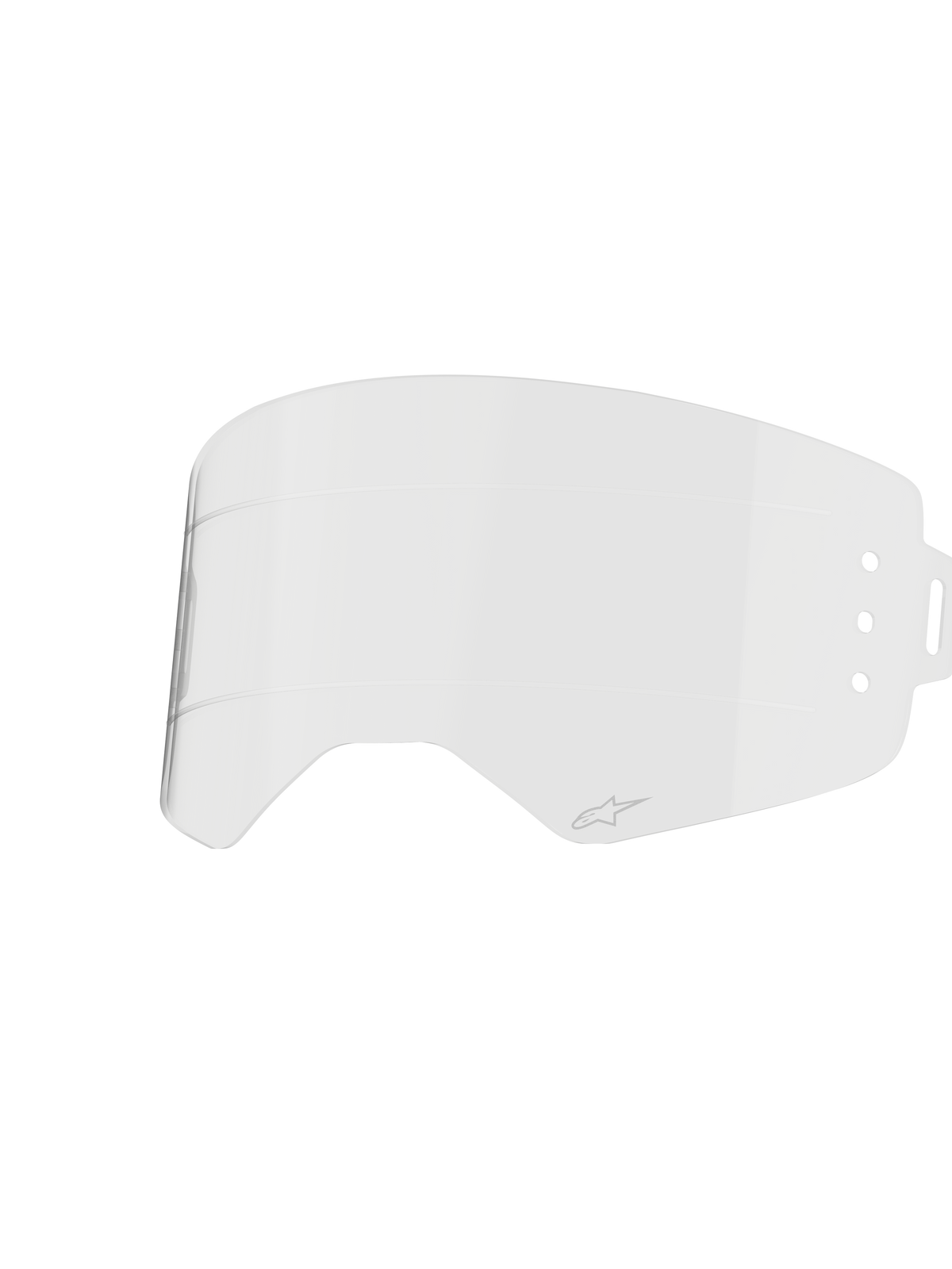 Alpinestars Supertech Roll Off Lens, przezroczysta soczewka do gogli, wykonana z przezroczystego poliwęglanu formowanego wtryskowo z poziomymi liniami Glide Lines, małe logo Alpinestars, oficjalna część zamienna do gogli Supertech Wide Vision