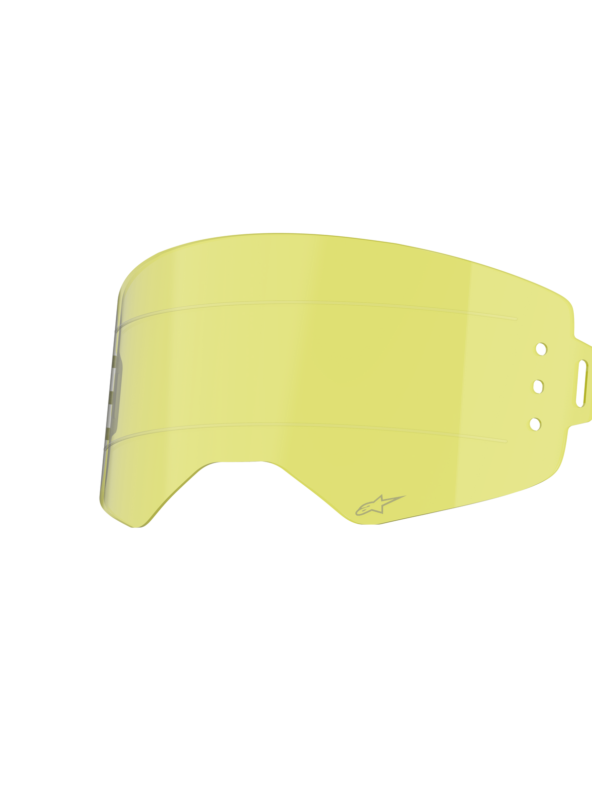 Alpinestars Supertech Roll Off Lens, akcesorium do gogli motocrossowych, kolor przezroczysty żółty, z poziomymi liniami ślizgowymi i bocznymi punktami mocowania dla systemów roll-off, zakrzywiona konstrukcja z odpornego na uderzenia poliwęglanu