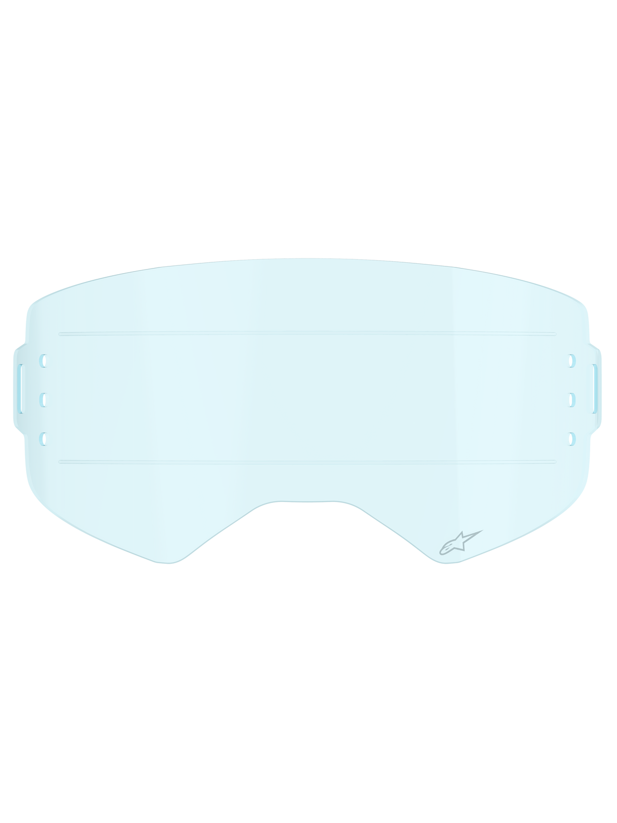 Alpinestars Supertech Roll Off Lens, akcesorium do gogli motocrossowych, kolor jasnoniebieski, przezroczysta soczewka poliwęglanowa z poziomymi liniami poślizgowymi dla płynnego przesuwu filmu i bocznymi otworami montażowymi do systemów roll-off