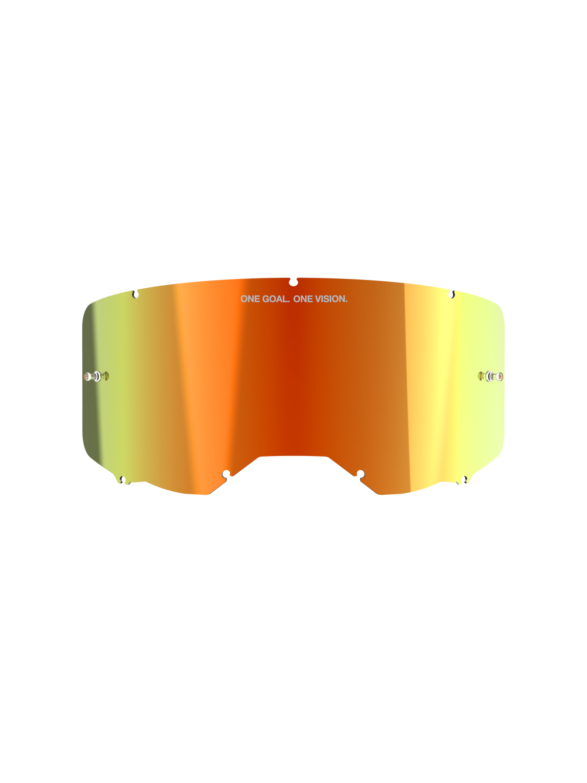 Alpinestars Vision 8-5-3 Mirror Lens, akcesorium do gogli motocrossowych, lustrzane czerwone wykończenie z pomarańczowo-żółtym gradientem, z napisem „ONE GOAL. ONE VISION.”, zintegrowanymi słupkami do zrywek i wycięciami na krawędziach dla bezpiecznego montażu w ramce.