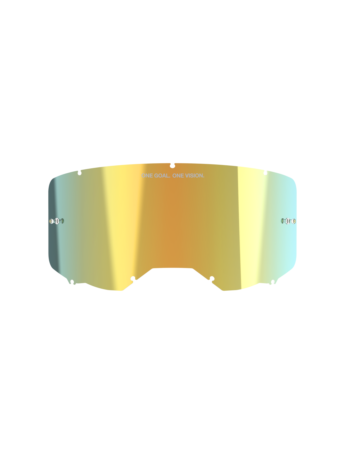 Alpinestars Vision 8-5-3 Mirror Lens, soczewka do gogli motocrossowych, Mirror Gold, lustrzane metaliczne wykończenie z napisem „ONE GOAL. ONE VISION.”, zintegrowane zaczepy na zrywki, siedmiopunktowy system blokowania, poliwęglan o wysokiej przejrzystości