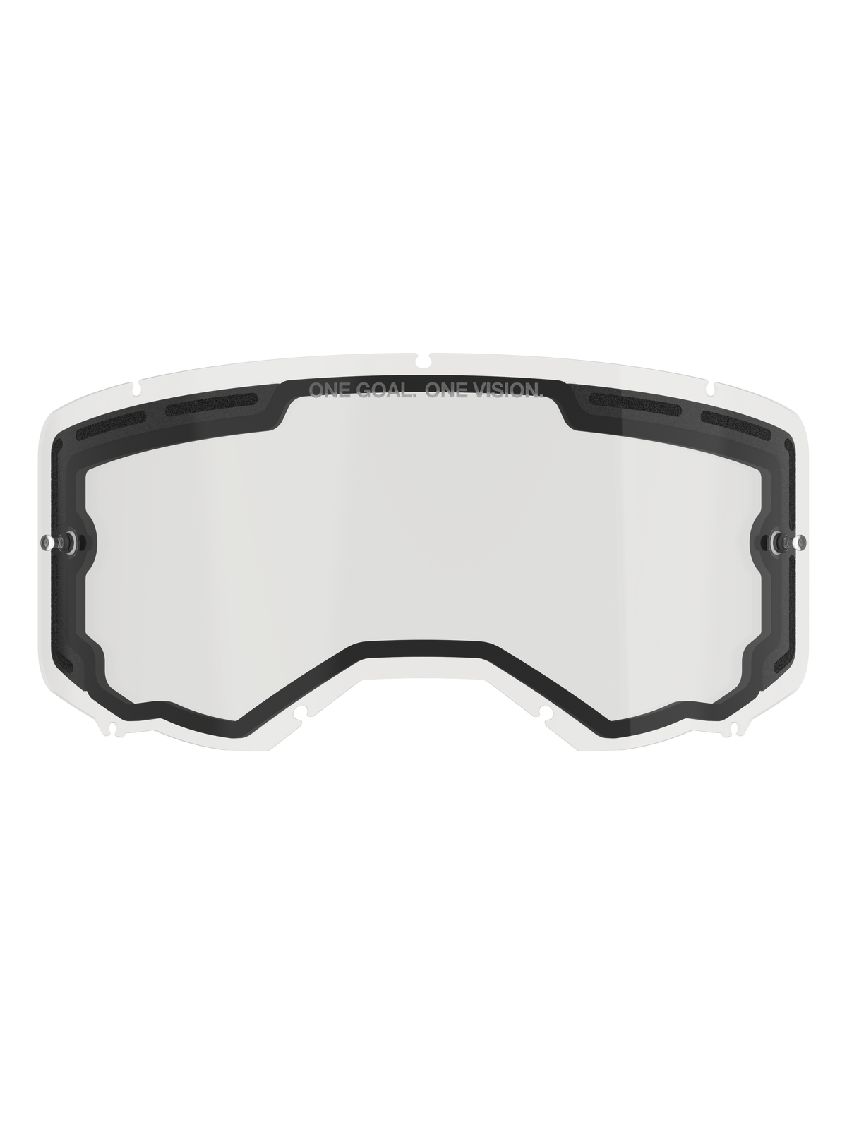 Soczewka Alpinestars Vision 8-5-3 Dual Pane, przezroczysta szybka wymienna do gogli motocrossowych, czarna uszczelka wewnętrzna z górnymi otworami wentylacyjnymi, boczne słupki do zrywek, napis „ONE GOAL ONE VISION” na górnej krawędzi, akcesorium do wyścigów off-road