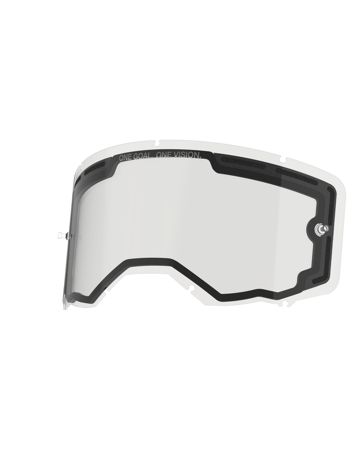 Alpinestars Vision 8-5-3 Lens Dual Pane, przezroczysta soczewka wymienna do gogli, konstrukcja dwuszybowa z wentylacją wykończoną pianką, zintegrowane słupki do zrywek i siedmiopunktowy system blokowania, napis „ONE GOAL. ONE VISION.” na górnej krawędzi