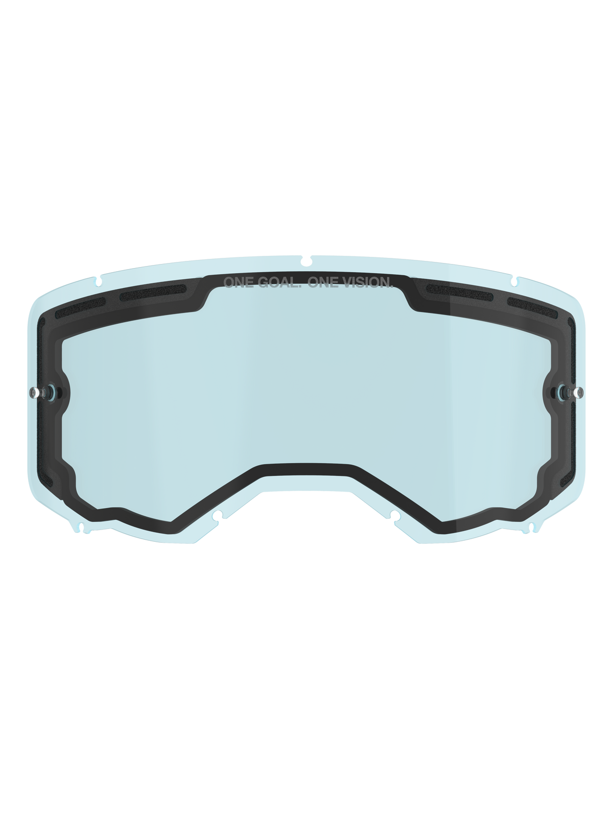 Alpinestars Vision 8-5-3 Dual Pane, jasnoniebieska podwójna soczewka zamienna do gogli, czarna uszczelka wewnętrzna z napisem "ONE GOAL. ONE VISION.", boczne słupki do zrywek, zakrzywiony design z górną wentylacją do motocrossu i jazdy off-road