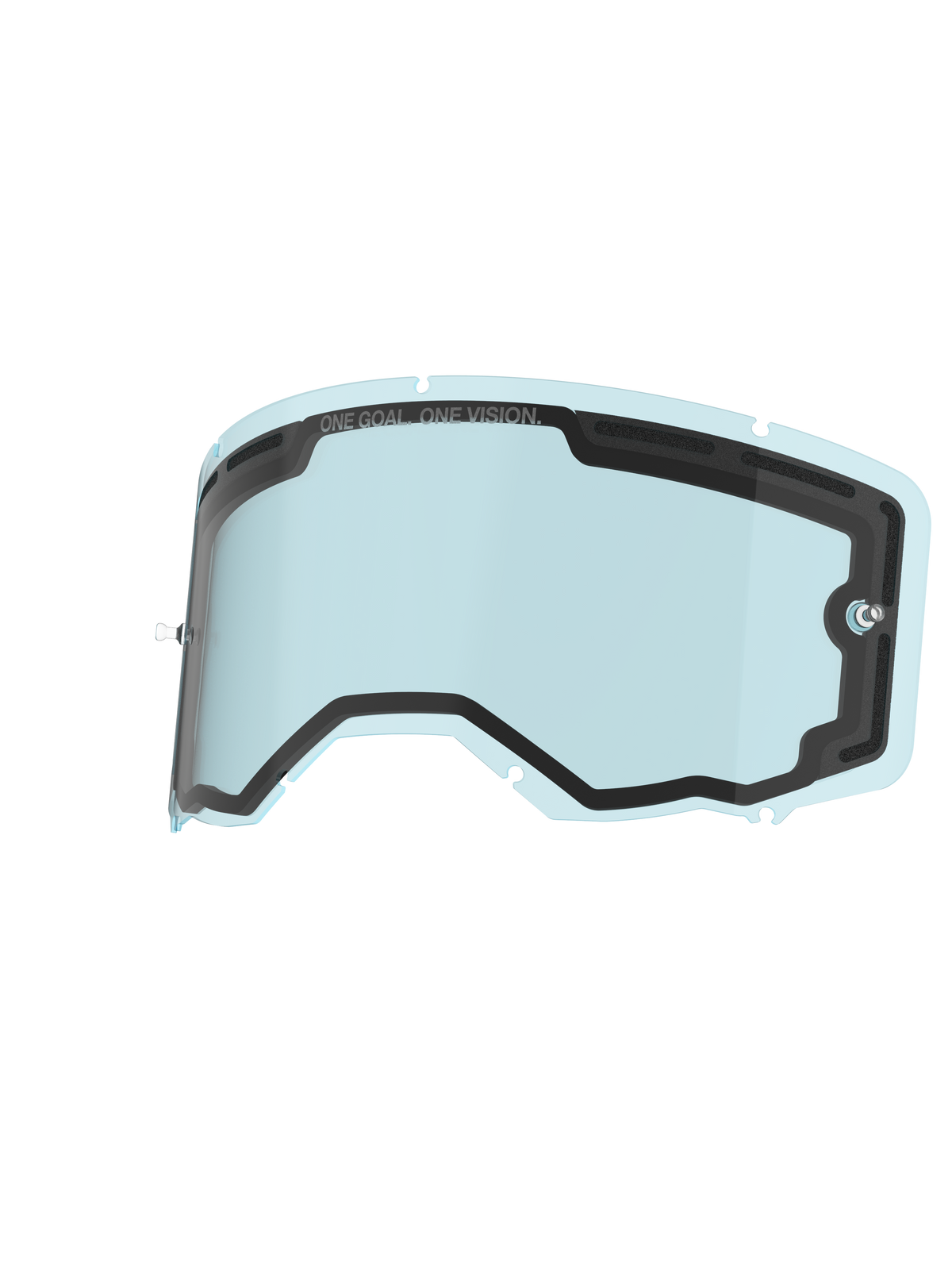 Alpinestars Vision 8-5-3 Dual Pane Lens, wymienna soczewka do gogli, niebieska, lekko przyciemniany poliwęglan o konstrukcji dwuszybowej, czarna piankowa uszczelka, branding „ONE GOAL. ONE VISION.”, zintegrowane słupki do zrywek, trwała soczewka przeciwmgielna do gogli motocrossowych