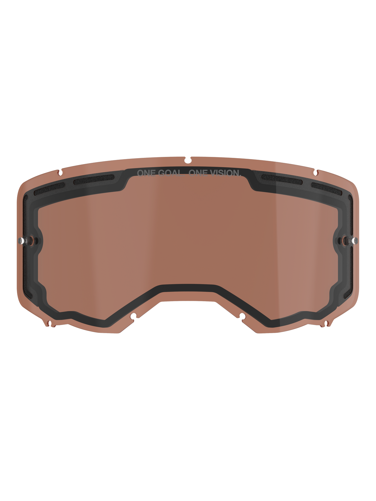 Alpinestars Vision 8-5-3 Dual Pane Vented Lens, wymienna soczewka do gogli motocrossowych w kolorze Copper Rose, wyposażona w zintegrowane słupki do zrywek, górne otwory wentylacyjne oraz branding ONE GOAL ONE VISION