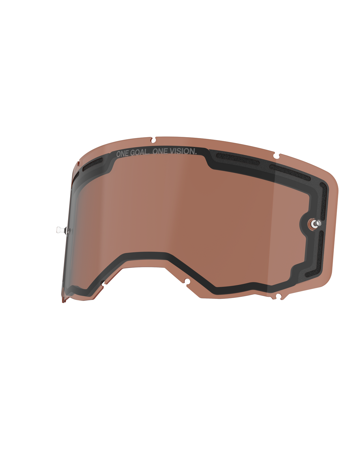 Alpinestars Vision 8-5-3 Dual Pane Lens, wymienna soczewka do gogli, kolor Copper Rose, wentylowana podwójna konstrukcja z czarną uszczelką, posiada napis „ONE GOAL. ONE VISION.” i zintegrowane słupki do zrywek, wytrzymały poliwęglan do jazdy off-road