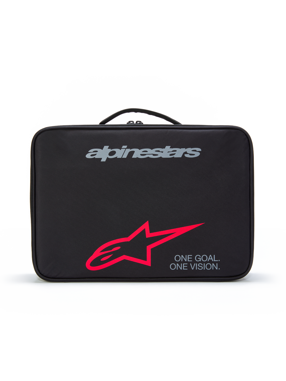 Alpinestars Supertech Vision Goggles Case, czarne ochronne etui transportowe z górnym uchwytem, szare logo marki, duże czerwone logo z gwiazdą, slogan „ONE GOAL. ONE VISION.”, wytrzymałe przechowywanie gogli motocrossowych