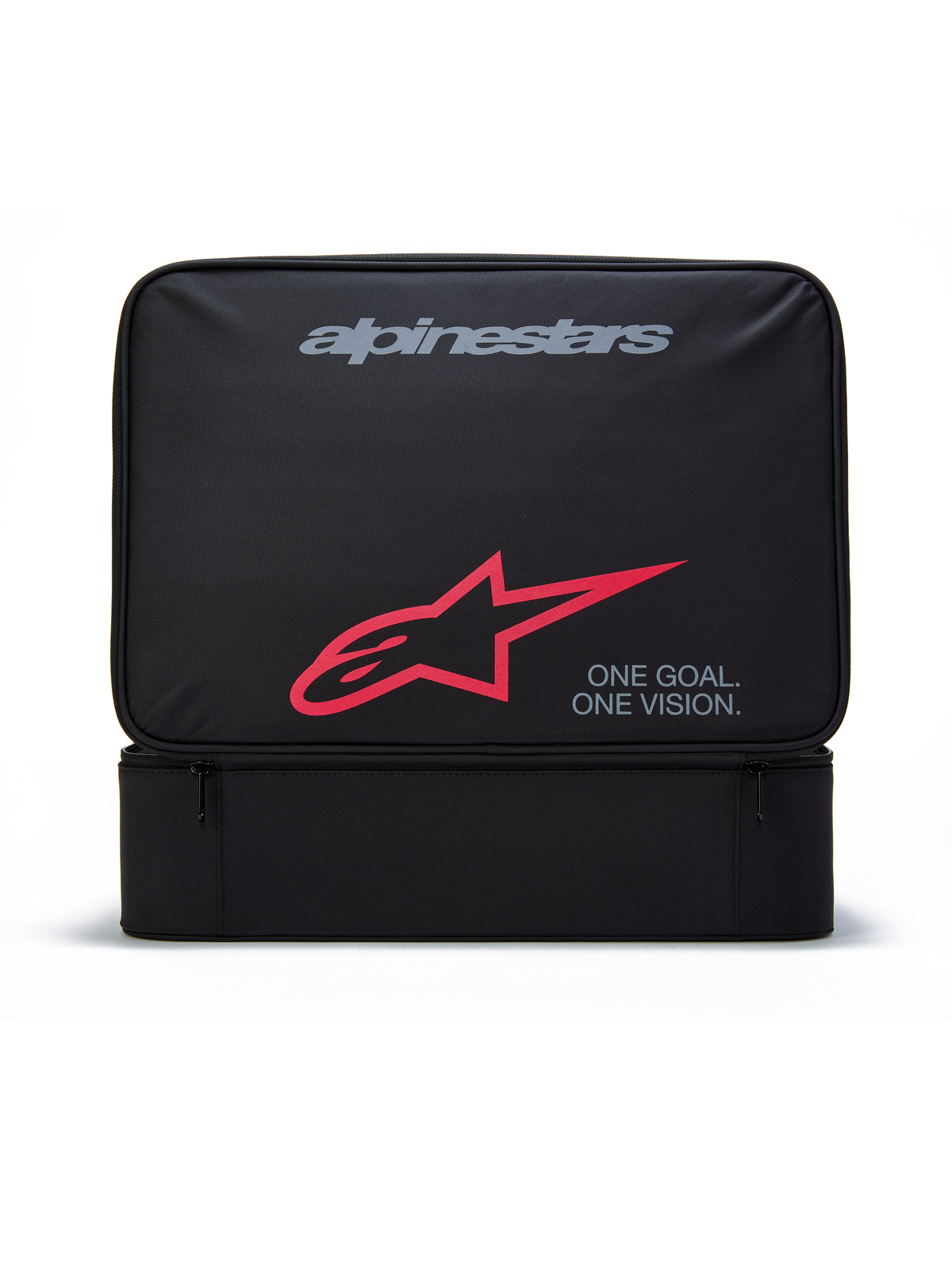 Alpinestars Supertech Vision Goggles Case, czarne prostokątne etui na gogle motocrossowe, szare logo Alpinestars, czerwony symbol A-star, napis „ONE GOAL. ONE VISION.”, wytrzymała poliestrowa konstrukcja z przednią kieszenią na zamek