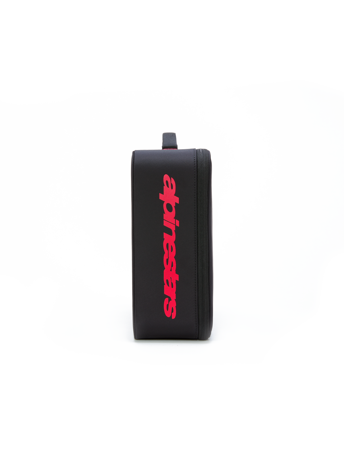 Etui na gogle Alpinestars Supertech Vision, akcesorium do gogli motocrossowych, czarne z dużym pionowym czerwonym logo, usztywnione prostokątne etui z zapięciem na zamek i wyściełanym uchwytem