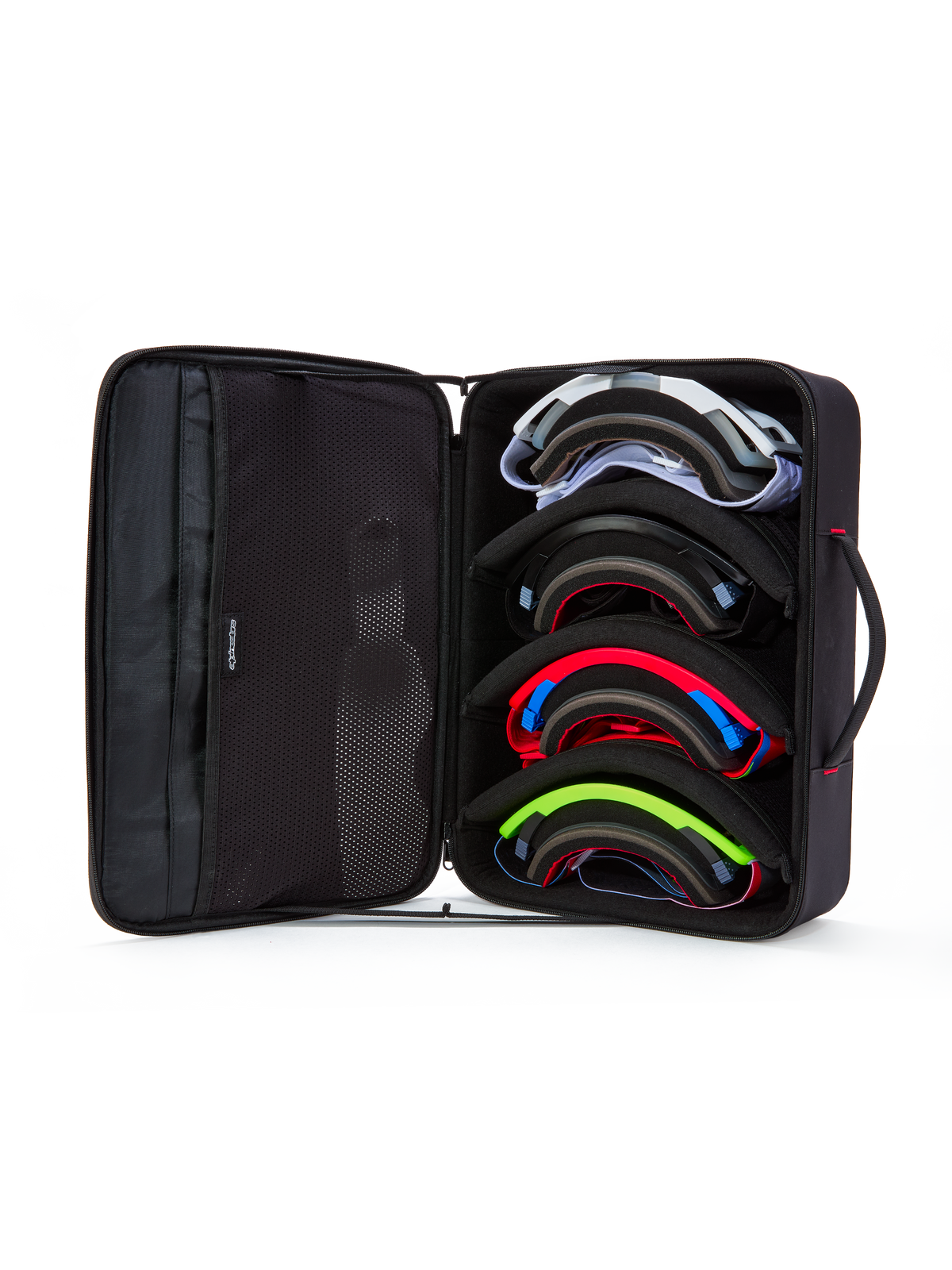 Etui na gogle Alpinestars Supertech Vision, czarne, widok otwartego etui z miejscem na cztery pary kolorowych gogli motocrossowych, modułowe przegrody i siatkowe kieszenie na pokrywie, usztywniona konstrukcja typu teczka chroniąca gogle