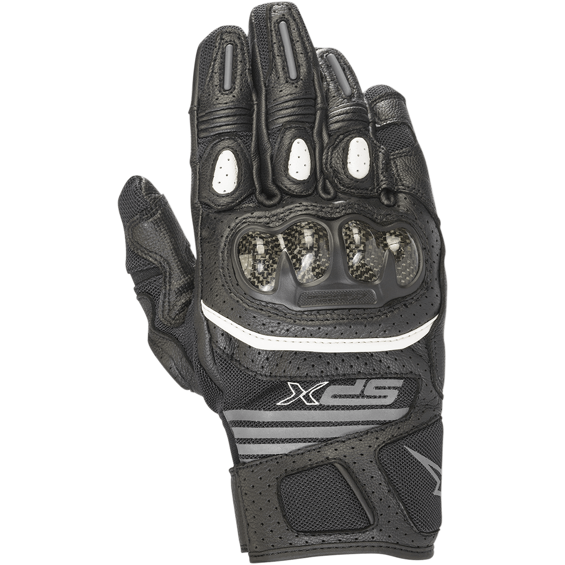 Alpinestars Women's SPX Air Carbon V2, damskie rękawice motocyklowe, czarne i antracytowe, krótki mankiet, ochrona kostek z włókna węglowego, perforowana skóra i panele z siatki zapewniające przepływ powietrza, biały pasek i branding SPX.
