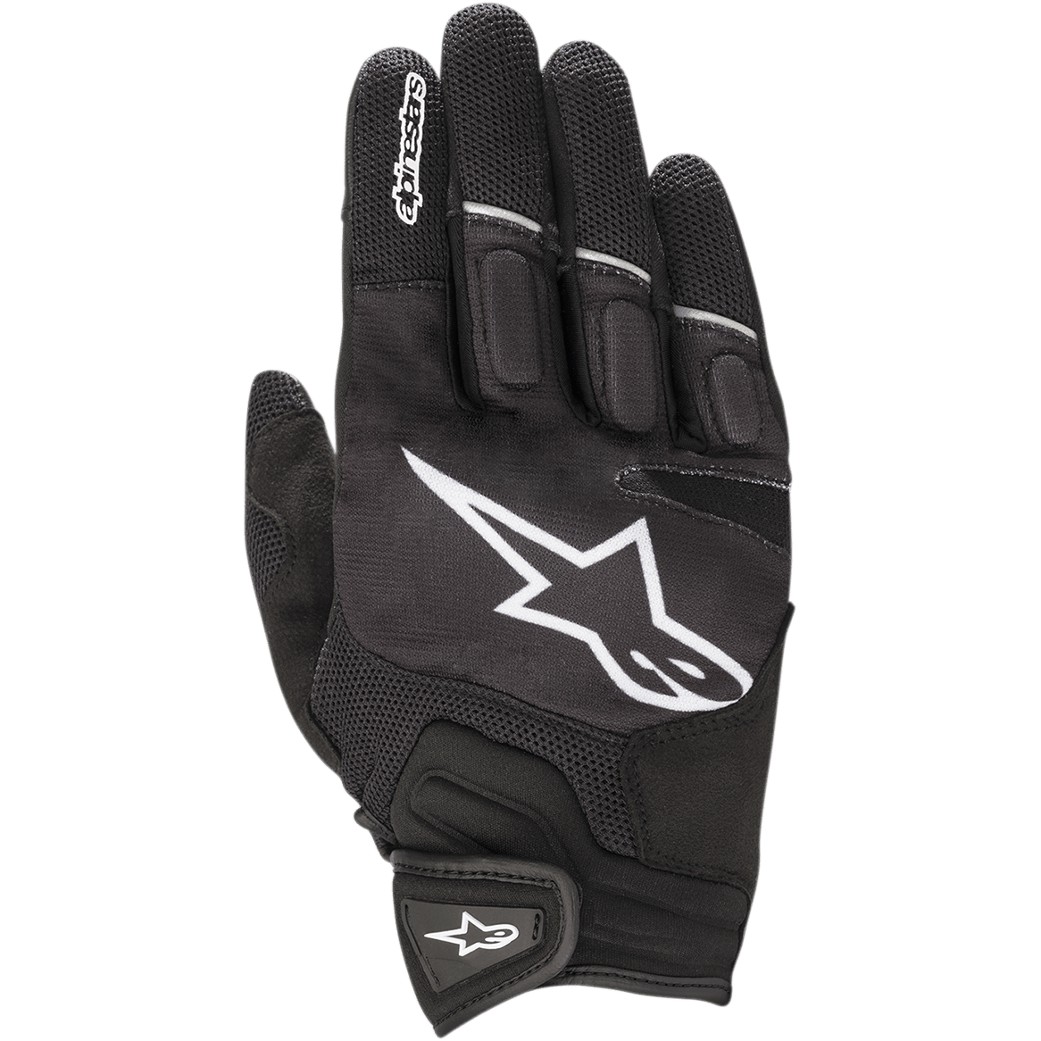 Alpinestars Atom Gloves, lekkie rękawice motocyklowe, czarno-białe, z dużym białym logo gwiazdy na grzbiecie dłoni, panele z siatki dla wentylacji, wyściełane kostki i bezpieczne zapięcie na rzep na nadgarstku