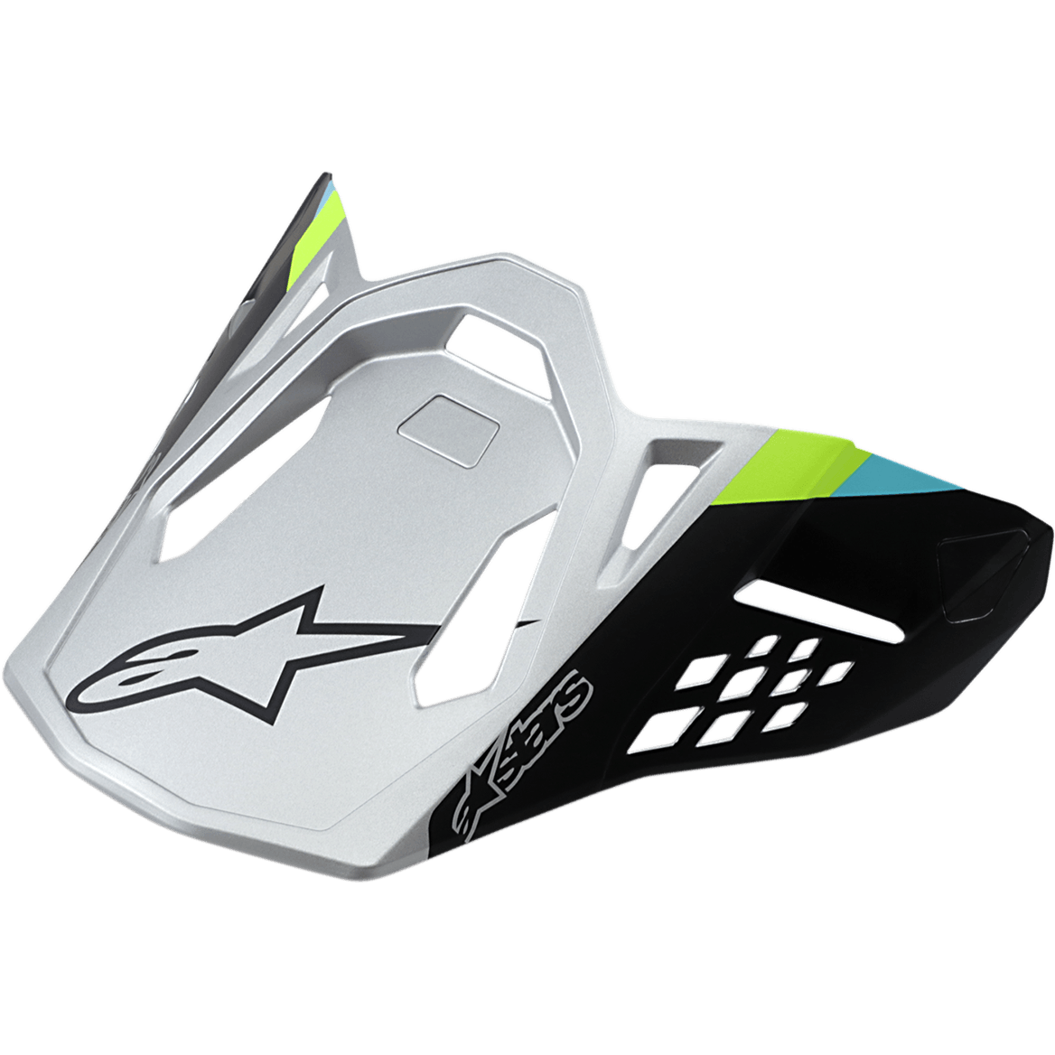 Alpinestars Supertech M8 Helmet Visor Contact, matowy srebrny i czarny, limonkowo-zielone i błękitne akcenty, kanciasty aerodynamiczny design z czarnym logo gwiazdy, geometryczne wycięcia wentylacyjne, zapasowy daszek do kasków motocrossowych