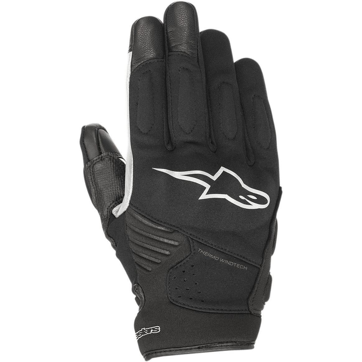 Alpinestars Faster Gloves, czarne rękawice motocyklowe z białym logo, technologia Thermo Windtech, wyściełane kostki, wielomateriałowa konstrukcja softshell, miejski design z krótkim mankietem