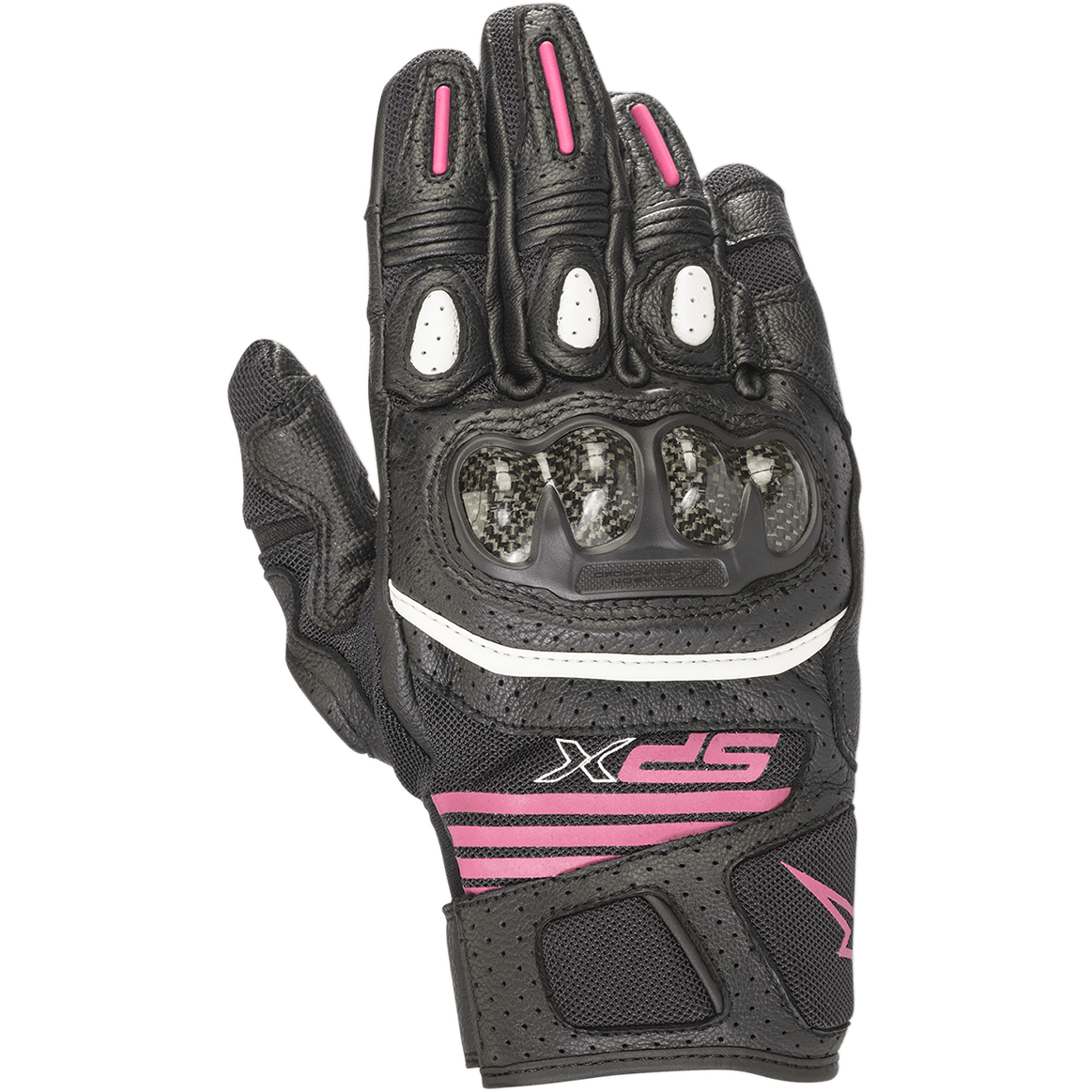 Alpinestars Women's SPX Air Carbon V2, krótkie damskie rękawice motocyklowe, kolor czarny i fuksja, ochraniacz kostek z włókna węglowego, konstrukcja z perforowanej skóry i siateczki, białe wykończenia, logo w kolorze fuksji na nadgarstku