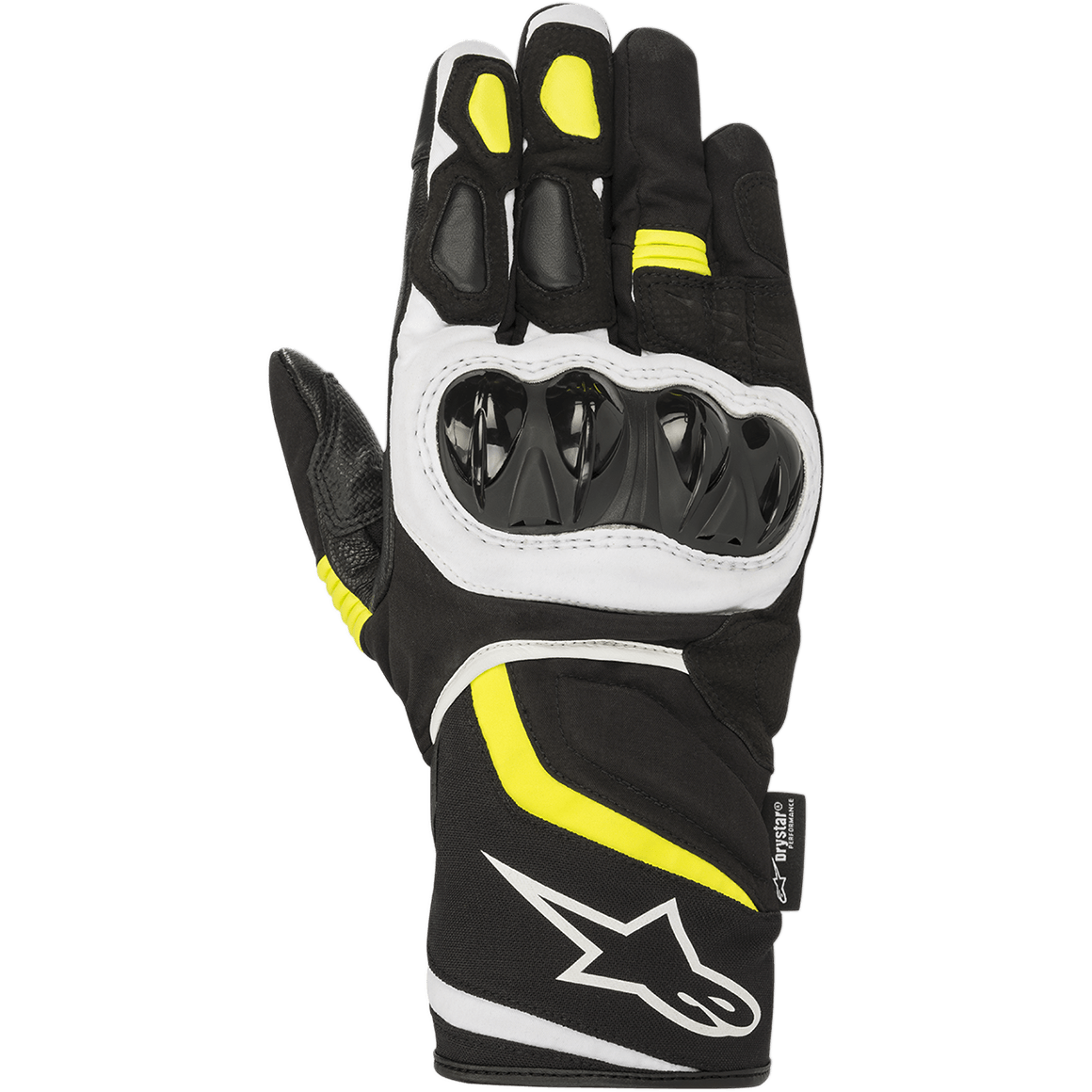 Alpinestars T-SP W Drystar® Gloves, sportowe rękawice motocyklowe, czarne z żółtymi fluo i białymi akcentami, twardy ochraniacz kostek, mankiet średniej długości z białym logo, wodoodporna konstrukcja z tkaniny i softshellu
