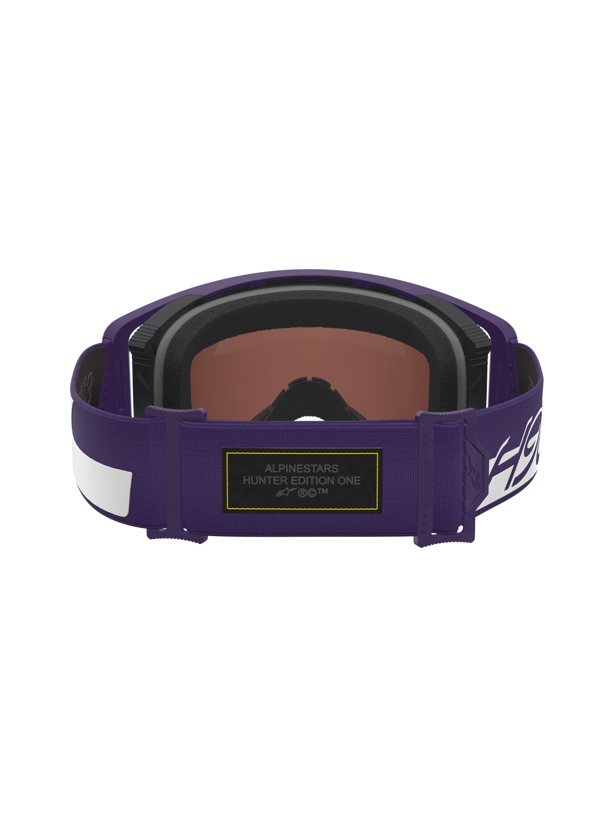 Alpinestars Limited Edition HUNTA96 XXV Supertech Vision Goggles, Purple and White, back view of adjustable strap featuring black Alcantara patch with yellow contrast stitching and Hunter Edition One branding, premium motocross eyewear inspired by Porsche GT3RS
