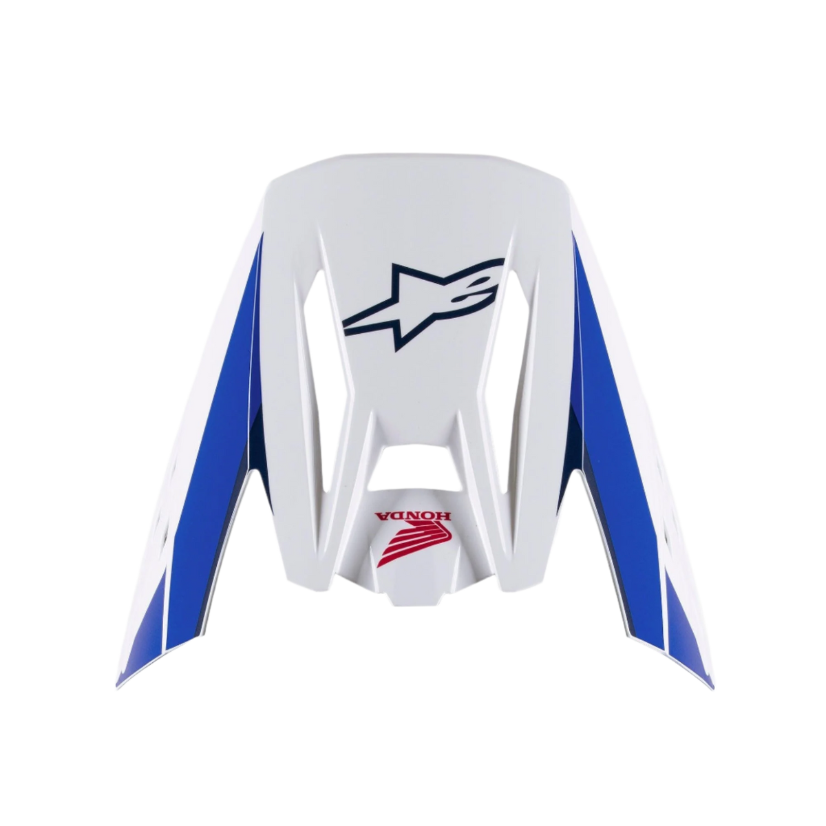 Wizjer Alpinestars Honda S-M5, wymienny wizjer do kasku, biało-niebiesko-czerwone wykończenie na połysk, niebieskie panele boczne z granatowym logo Alpinestars i czerwonym logo Honda, akcesorium do kasku motocrossowego