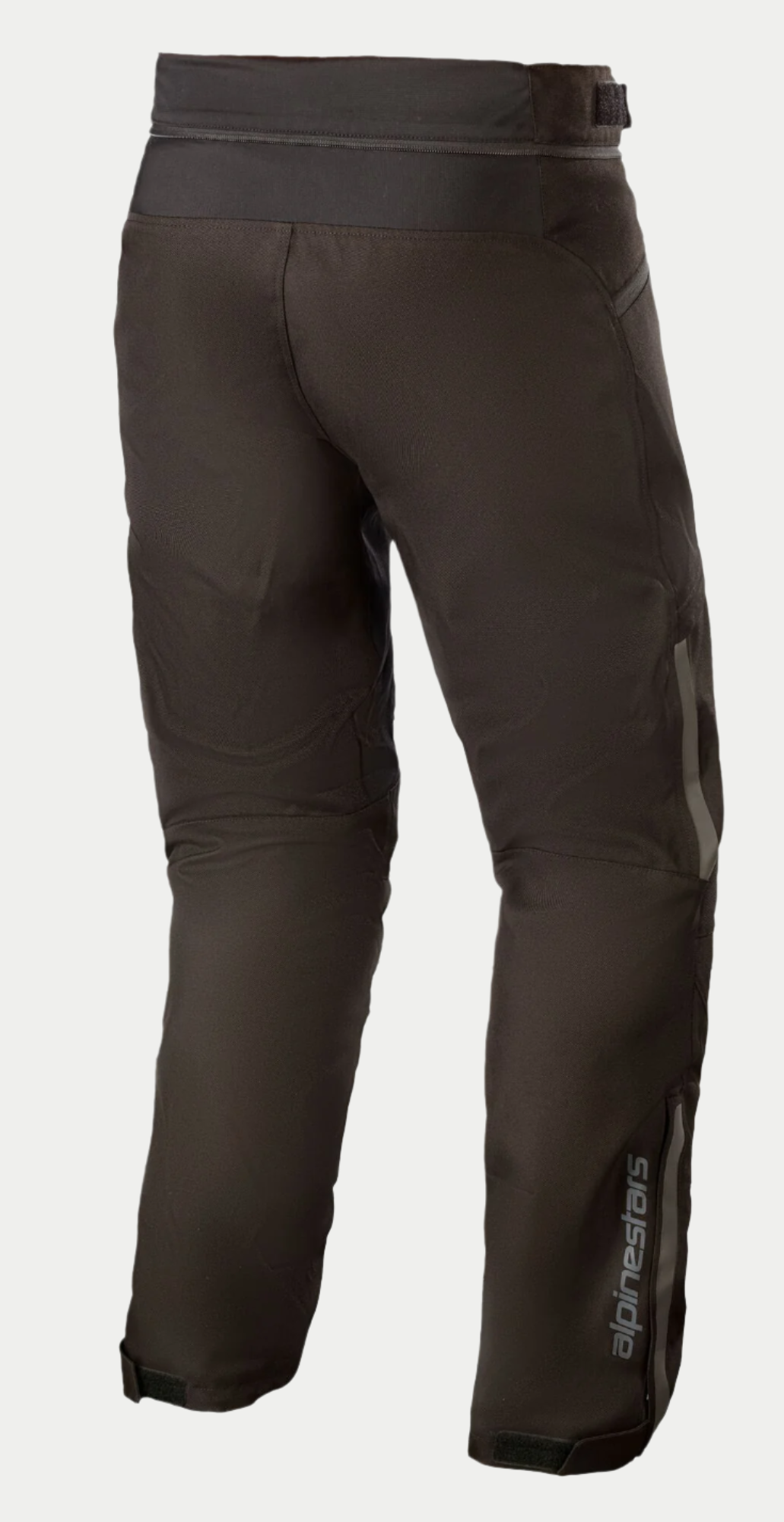 Alpinestars AST-1 V2 Waterproof Pants - Short, Black Motorcycle Pants, rear view featuring durable textile construction, reflective Alpinestars logo on the lower leg, waist connection zipper, and adjustable hook and loop waist belt