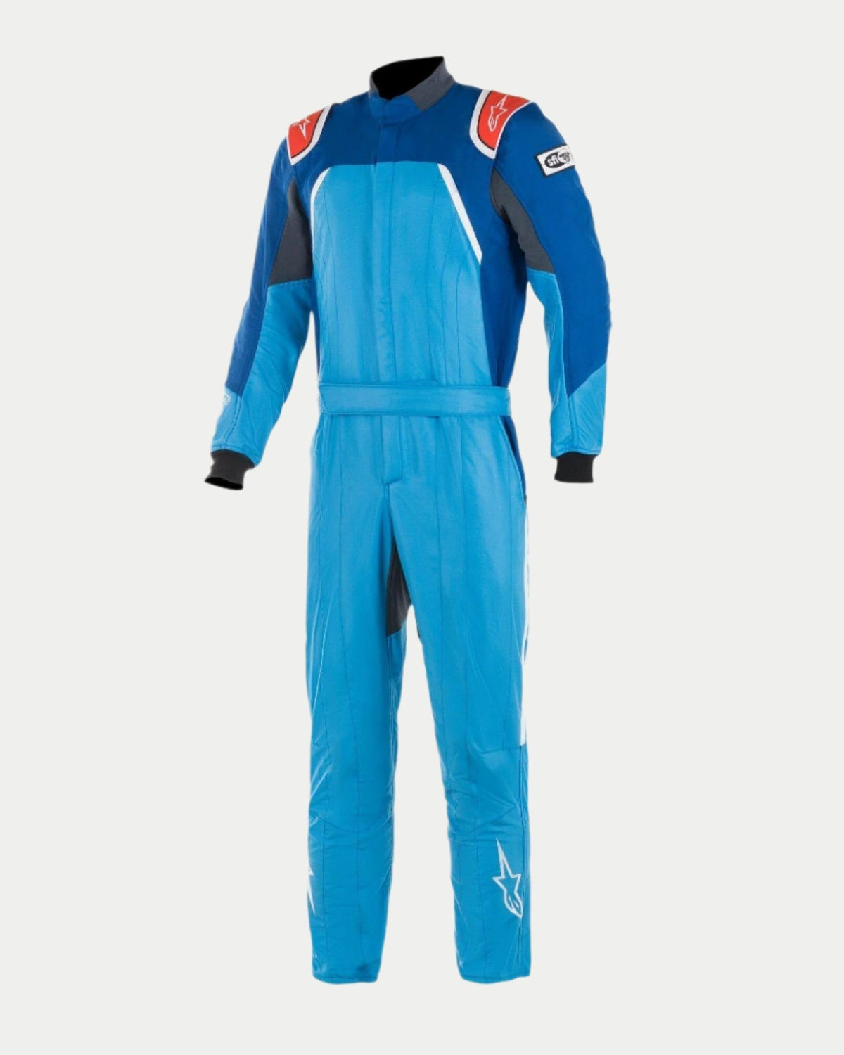 Alpinestars GP Pro Comp Bootcut Suit FIA, profesjonalny kombinezon wyścigowy, kobaltowy, niebieski i czerwony, trójwarstwowa konstrukcja aramidowa, naramienniki, nogawki typu bootcut, białe logo gwiazdy