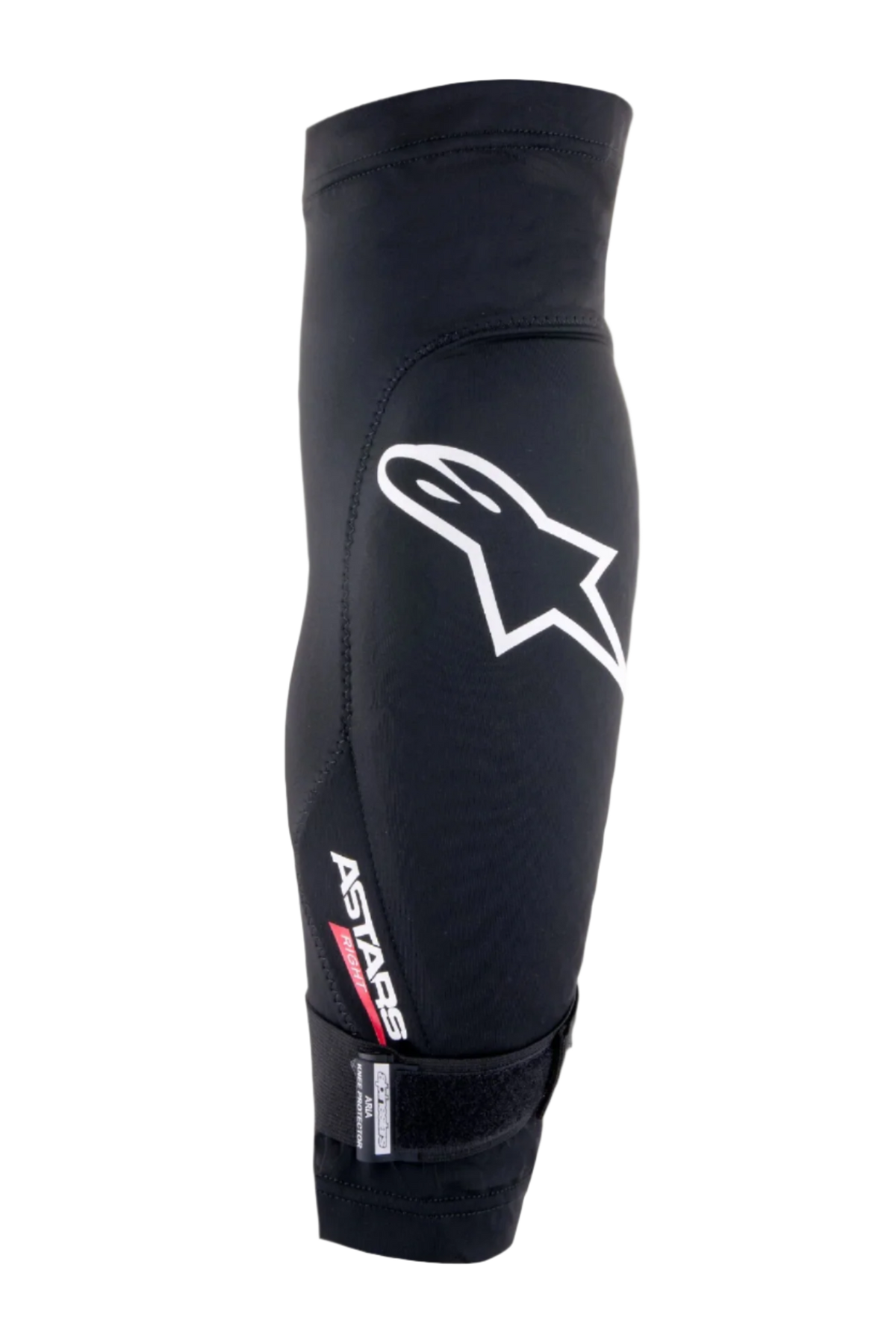 Alpinestars Aria Knee Protector, czarno-biały, oddychający rękaw z siatki z dużym białym logo Astars, napisem „ASTARS RIGHT” i regulowanym dolnym paskiem, lekka ochrona do jazdy na rowerze górskim i kolarstwa