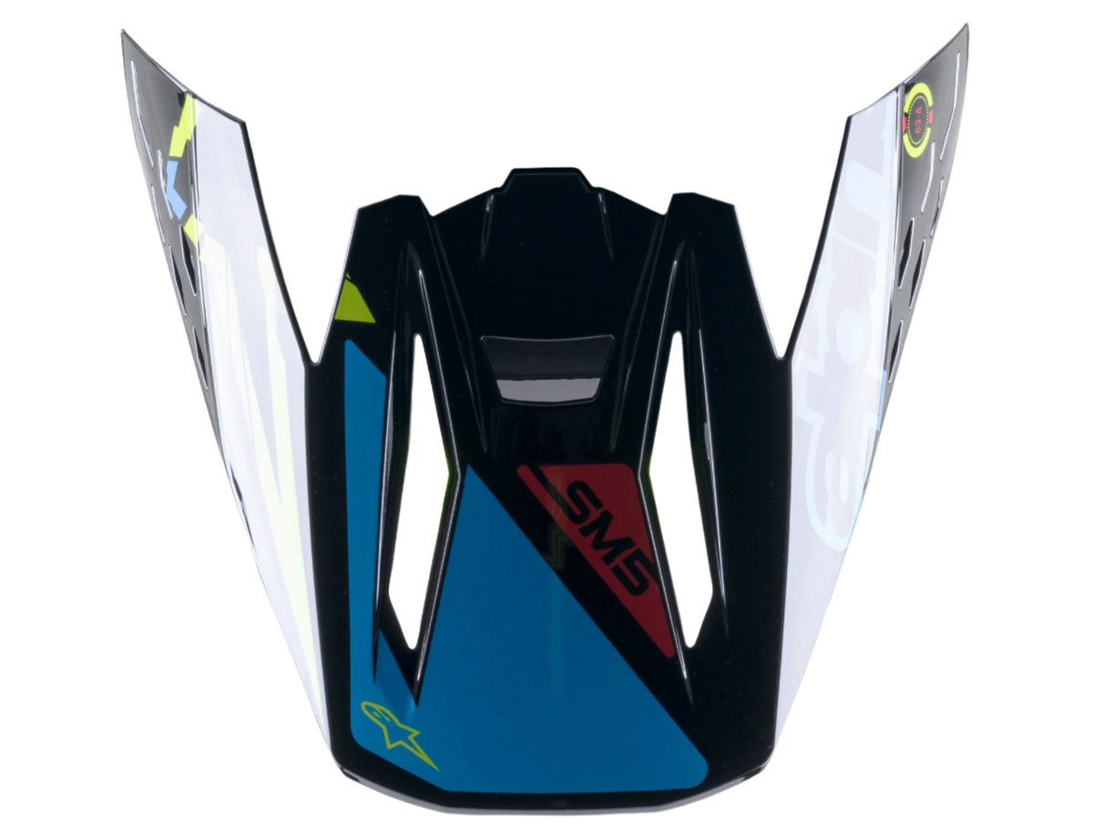 Alpinestars S-M5 Action Visor, część zamienna do kasku motocrossowego, czarny, cyjanowy i żółty fluo z połyskiem, z brandingiem SM5 i logo gwiazdy, zatrzaskowa konstrukcja daszka do jazdy terenowej