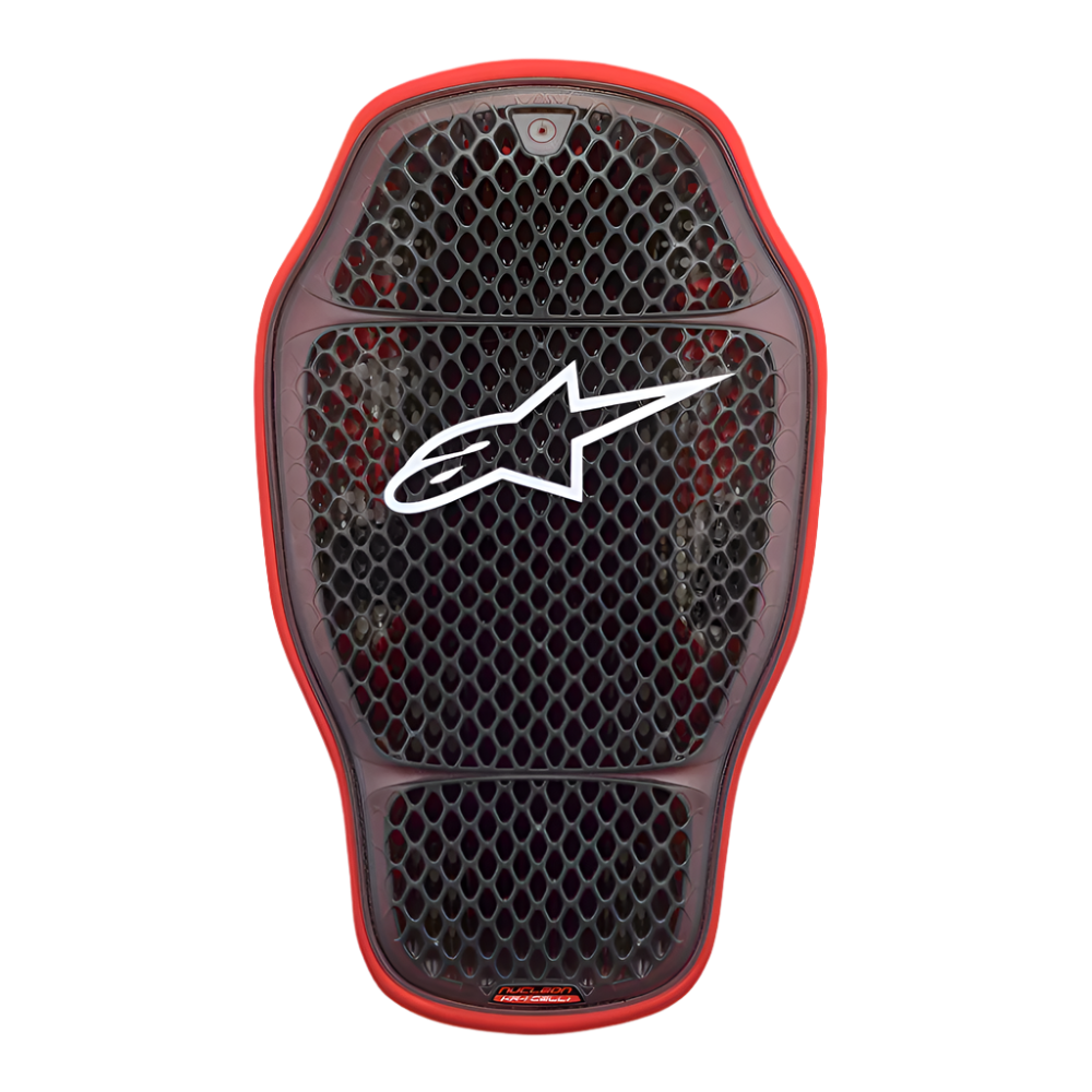 Alpinestars Nucleon KR-1 Cell i Back Protector, wkład do ochraniacza pleców, kolor Transparent Smoke Red, z mikrostrukturą komórkową o wzorze plastra miodu i białym logo Alpinestars w centrum, lekka i ergonomiczna konstrukcja ochronna.